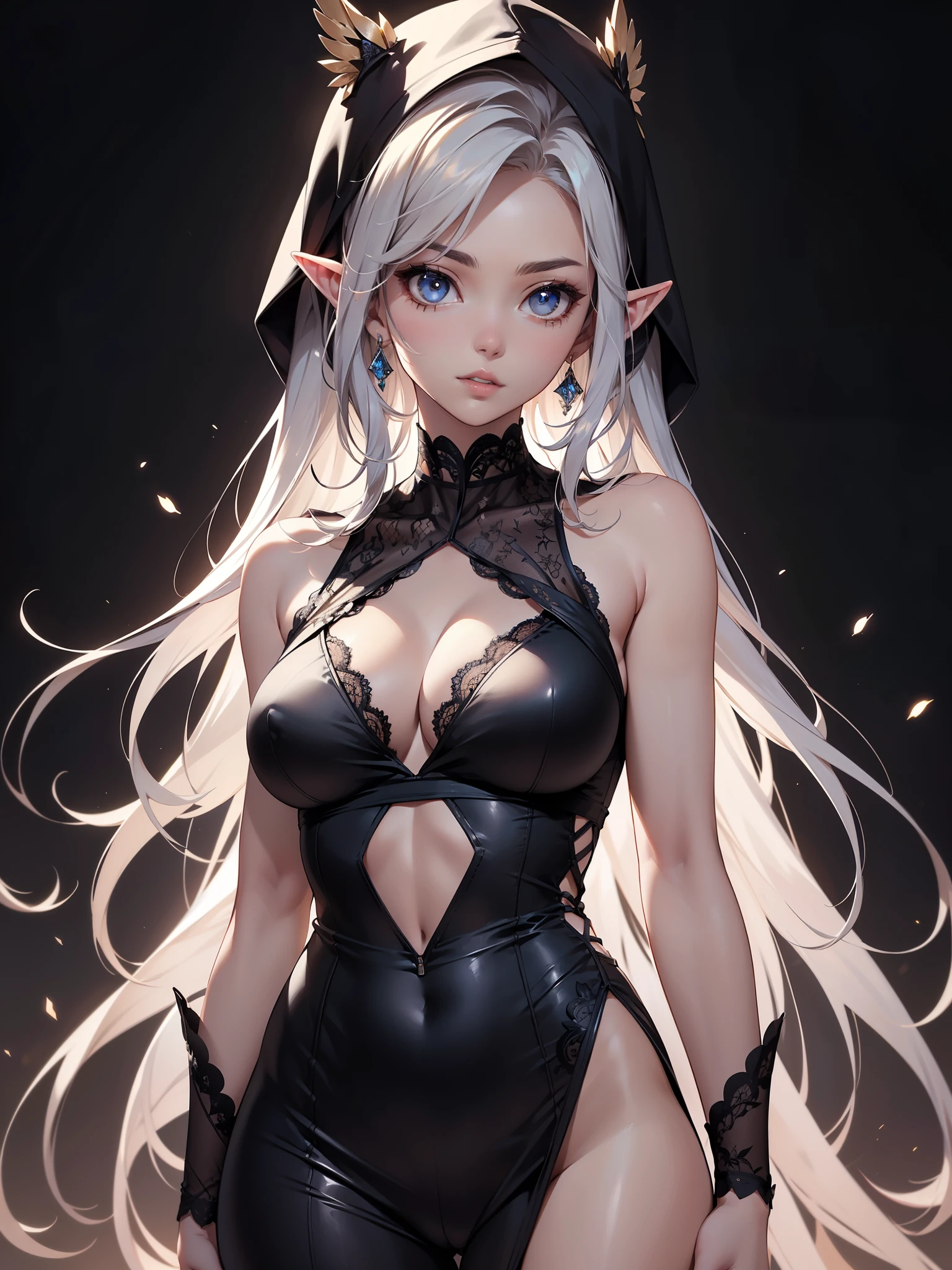 White elf girl, very long flowing hair, white eye color, small eyes, realistic human eye shape, round eye shape, eyeliner, realistic face shape. black lace low cut lace shirt, portrait, wearing a black hood, black background, chest showing, NSFW, Depth of Field. looking at camera, dreamy look detailed eyes, detailed face, detailed skin, Ultra Detailed, Beautiful and Aesthetic, Masterpiece, Best Quality, shoulders showing. lace fabric, round chin shape. wearing black hood over hair. wearing a black hood. hips showing, flairs in background, zoomed out. full body showing. hips exposed. sexy black lace outfit with hood. full body showing