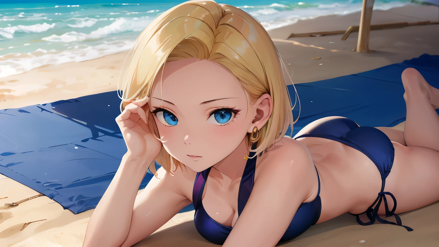 highest quality, High resolution, and 18, 1 girl, android 18, alone, blonde hair, blue eyes, short hair, earrings, jewelry, (Halter Bikini:1.2), medium breasts, (face up:1.1), beach, lie down