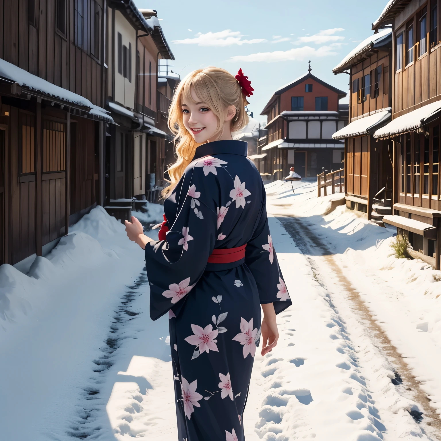 (masterpiece, highest quality, highest quality)Derivative illustration depicting casual daily life, young woman、Standing position、return、smile、whole body、blonde、sexy、cherry_flower, snow、alone,1 girl,looking at the viewer,walk、look back、old townscape、yukata、