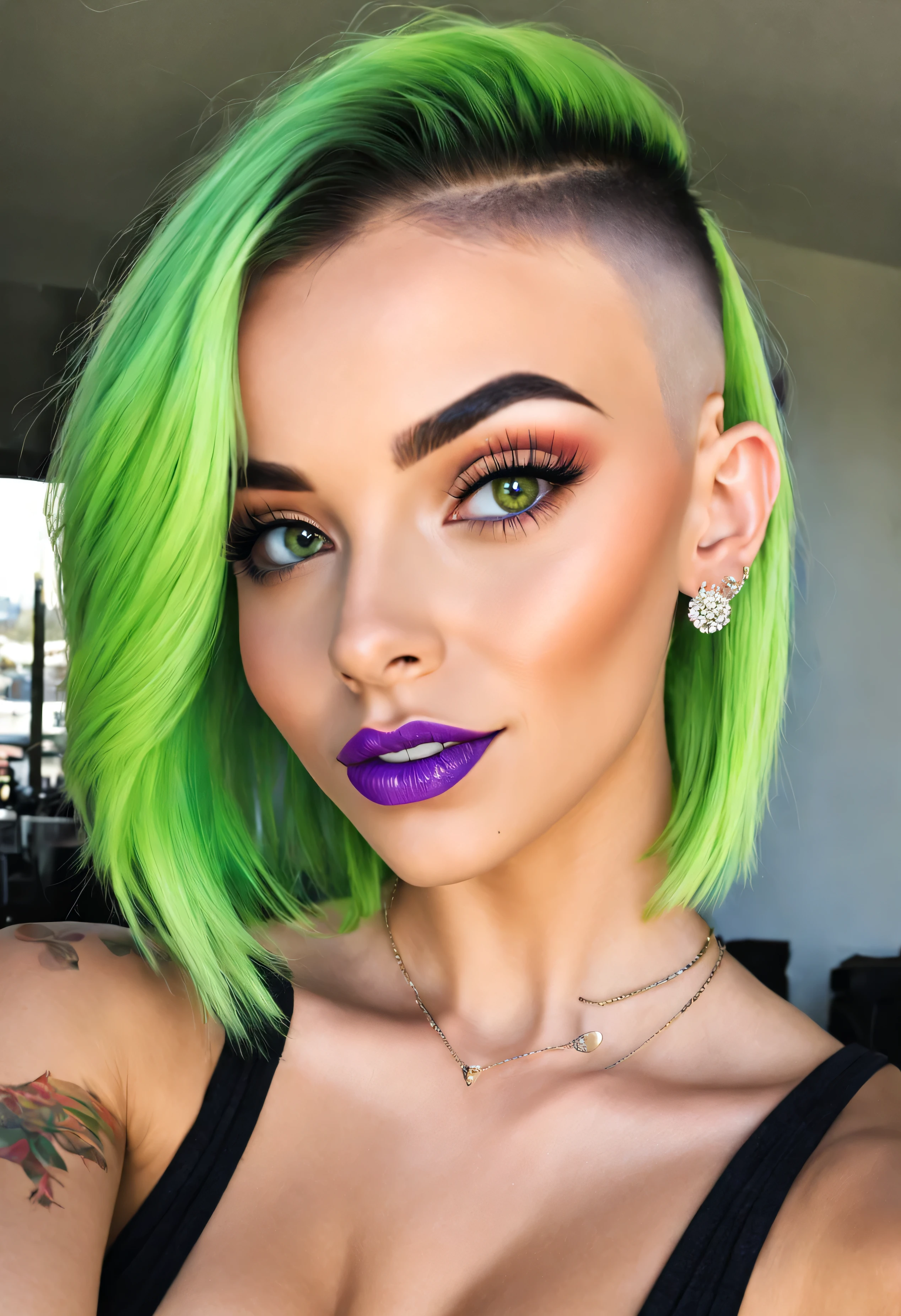 honey skin, upper body, waist up, selfie, colorful hair, purple and blue hair dye, side of head shaved, half of hair shaved, buzz cut, blonde hair, undercut, facial piercings, big bright green eyes, long lashes, 21 years old, light theme, full glossy lips, nude lipstick, masterpiece, ultrarealistic, skin details, a slight smile smile, blushed cheeks, a light touch of freckles, instabrows, insta brows, instagram eyebrows, contouring makeup, pointy nose, straight side swept bangs, soft glam, bright light, pouty lips, diamond earings, many ear piercings, mewing, head tattoo, hairline tattoo, smiling, tongue showing, slightly sticking tongue out, black tattoo on scalp, ((perfecteyes)), #detailed, smooth skin, round face shape, not skinny
