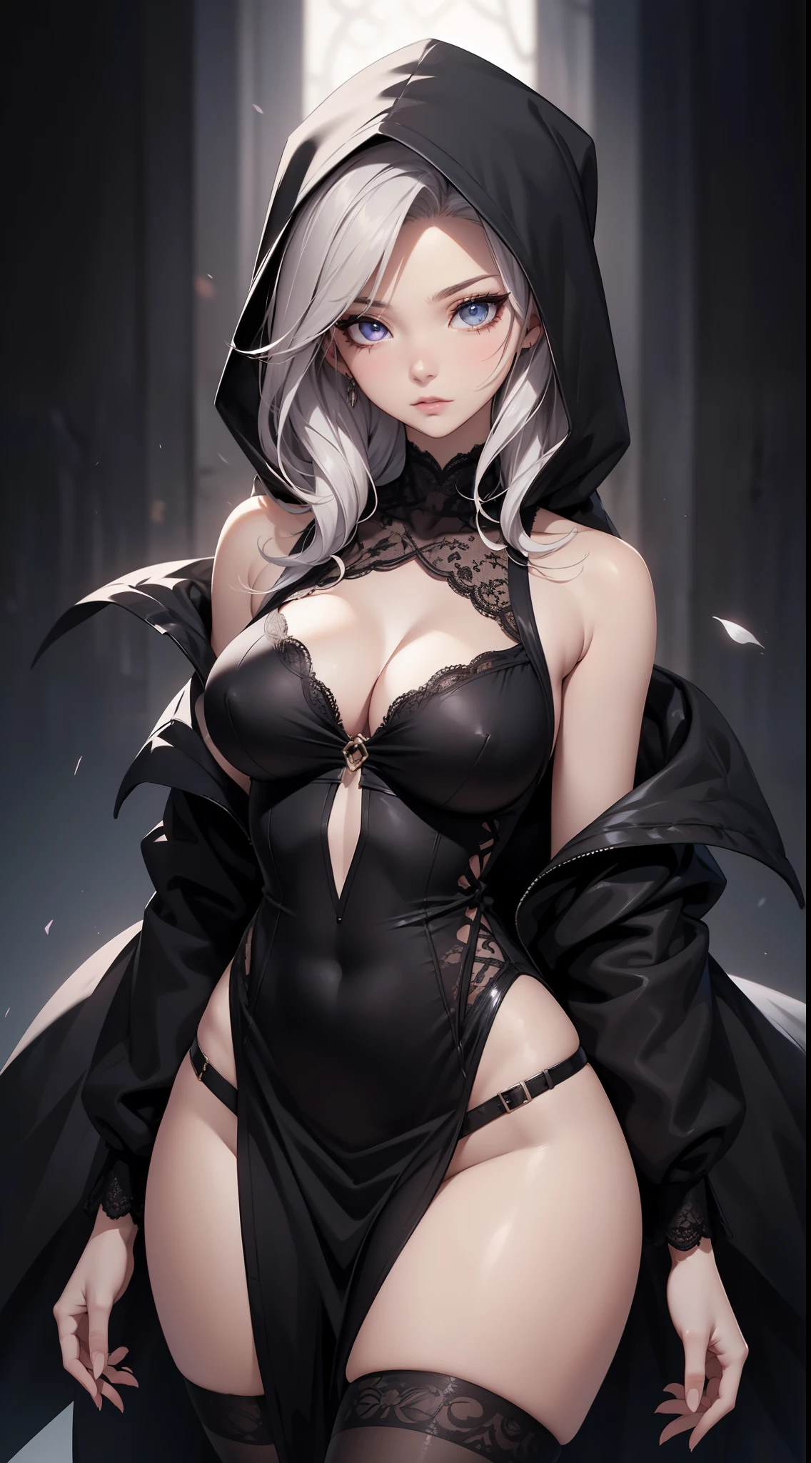 White elf girl, very long flowing hair, white eye color, small eyes, realistic human eye shape, round eye shape, eyeliner, realistic face shape. black lace low cut lace shirt, portrait, wearing a black hood, black background, chest showing, NSFW, Depth of Field. looking at camera, dreamy look detailed eyes, detailed face, detailed skin, Ultra Detailed, Beautiful and Aesthetic, Masterpiece, Best Quality, shoulders showing. lace fabric, round chin shape. wearing black hood over hair. wearing a black hood. hips showing, flairs in background, zoomed out. full body showing. hips exposed. sexy black lace outfit with hood. full body showing, lower body showing. legs showing. 