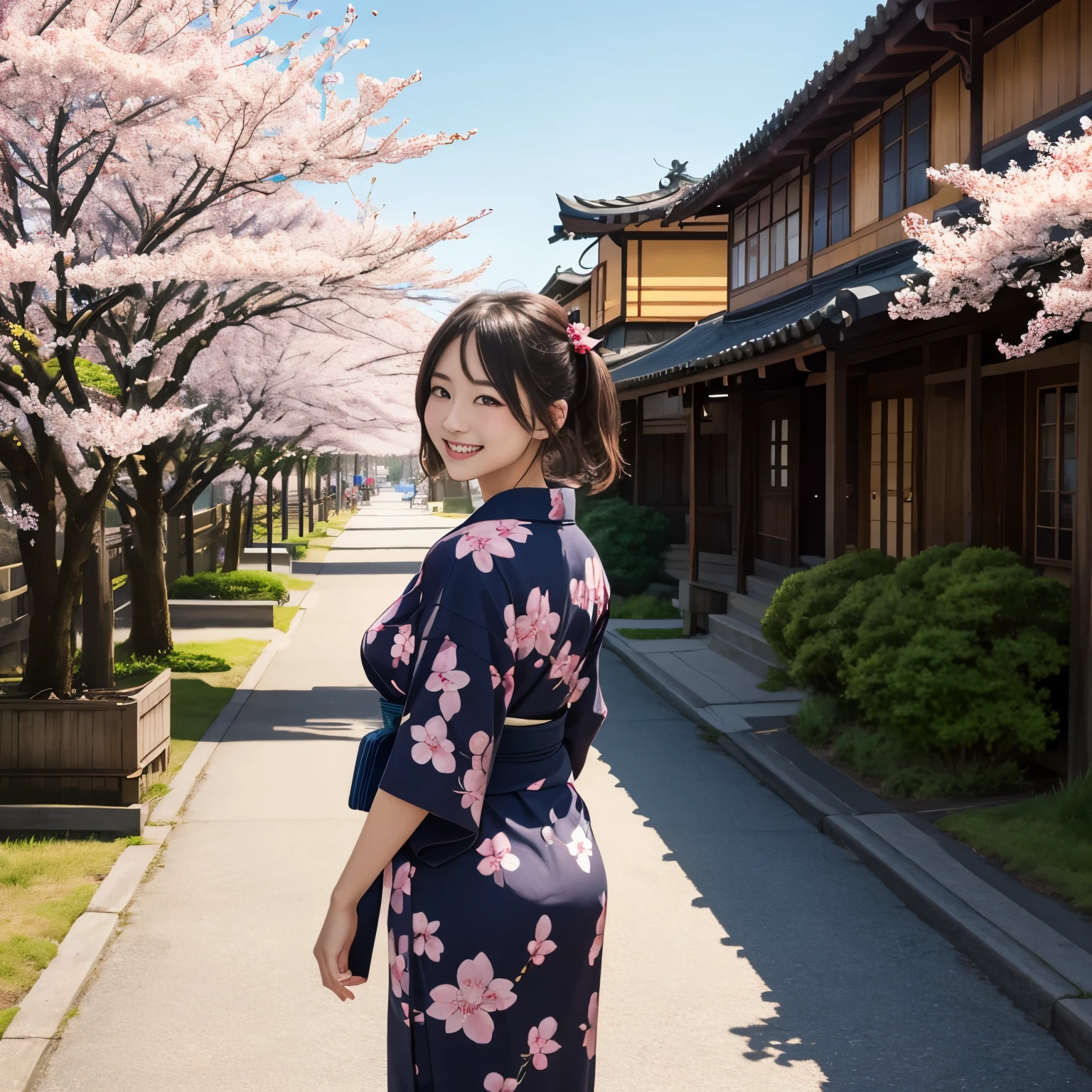 (masterpiece, highest quality, highest quality)Derivative illustration depicting casual daily life, young woman、Standing position、return、smile、whole body、blonde、sexy、cherry_flower, cherry blossoms坂、alone,1 girl,looking at the viewer,walk、look back、old townscape、yukata、cherry blossoms、
