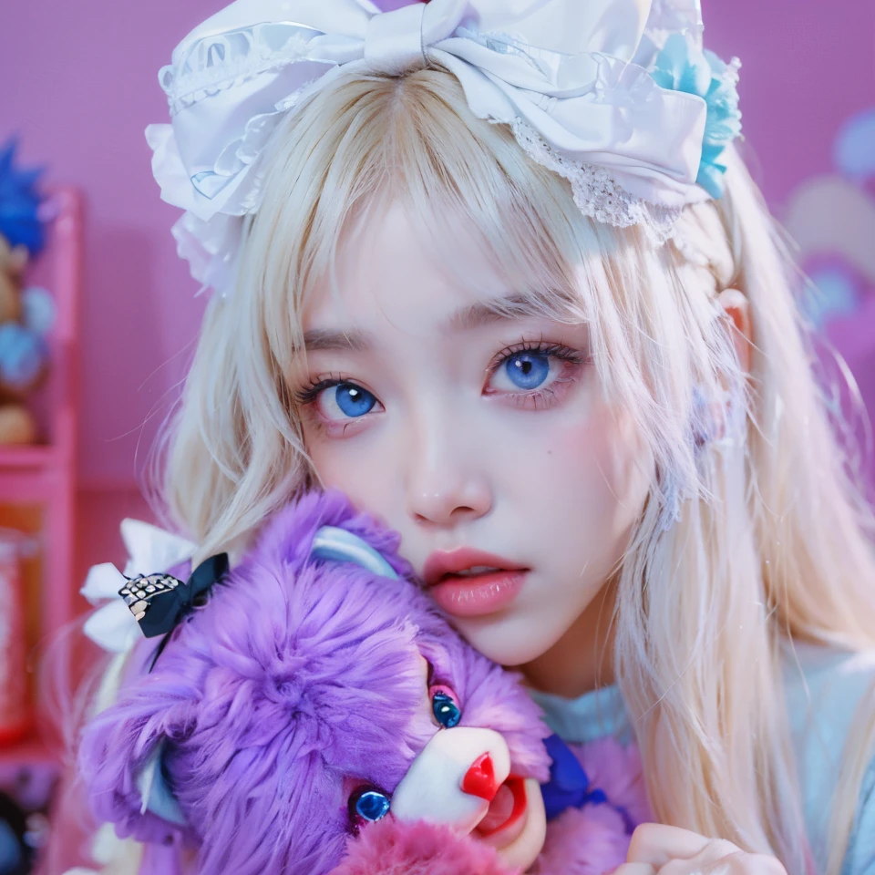 blond girl with blue eyes holding a purple teddy bear, portrait of jossi of blackpink, lalisa manobal, belle delphine, lalisa manoban of blackpink, jossi of blackpink, ulzzang, roseanne park of blackpink, fairycore, e-girl, e - girl, sakimichan, pastel goth aesthetic, shikamimi