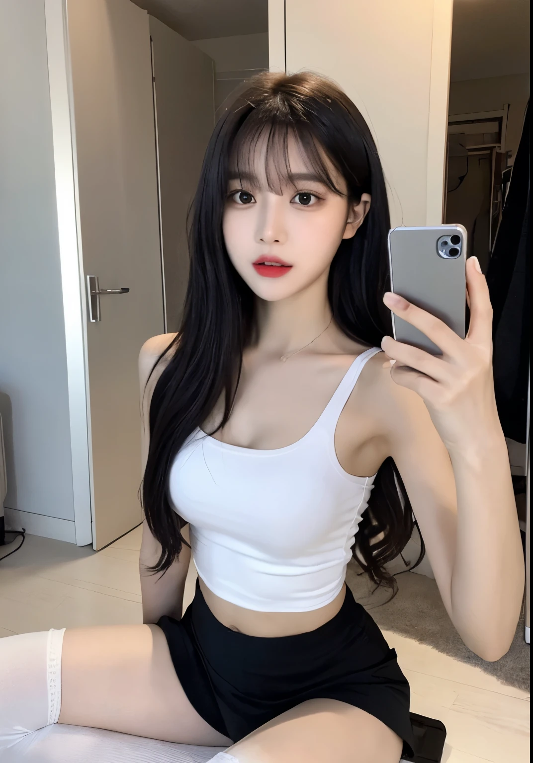 ((realistic lighting, highest quality, 8K, masterpiece, medium shot: 1.3)), clear focus: 1.2, 1 girl, perfect figure: 1.4, plump bust,((Long black hair)),((With bangs)),(white tank top: 1.4), In the changing room with lockers, Sitting on the mat、white ankle-length socks,white sneakers,super fine face, fine eyes, double eyelid,(dark gray flared mini skirt), open your legs,The skirt is flipped up and the white panties are visible.,He has a black smartphone in his right hand.,Taking a selfie with his arm outstretched holding his smartphone,Your face is hidden by your smartphone,left hand is on the floor