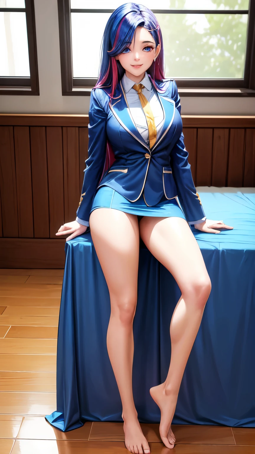 (full body view), anime, Estilo Anime Mulher Realista, (Blue-eyed Hungarian),  de 18 anos, ((blazer cinza, Amor, Minissaia dobrada azul escuro, Meias)), University Classroom, Belo detalhe nos olhos, (tamanho dos olhos: 3/4) luz no rosto, (((detalhes intrincados))), ((Foto de corpo inteiro: 1.2)), Luz especialmente forte, (Olhos superiores, Sorriso sorridente: 1.2), pele brilhante, (((random hair color))), (coxas grossas), ulzzang-6500-v1.1: 0.2, Shy, (flash: 1.2), NSFW , (Inchado), ((postura sedutora: 1.2, atraente: 1.2)), (inativo), sentado em uma mesa: 1.2, ((boa anatomia: 1.2)), Sala de aula luminosa e refrescante, beautiful and symmetrical face, natural side lighting, 8k, Fotos RAW, Qualidade superior, Obras-primas, RAW color photos high definition professional close-up photos, (realista, fotorrealismo: 1.37), (mais alta qualidade), (sombras claras de alto contraste), (better illustrations), (erotic, sexy, ultra-high resolution, 8K HD Unified CG Wallpapers, Physical representation, film lighting), ((Canon EOS R50 camera with 50mm lens))