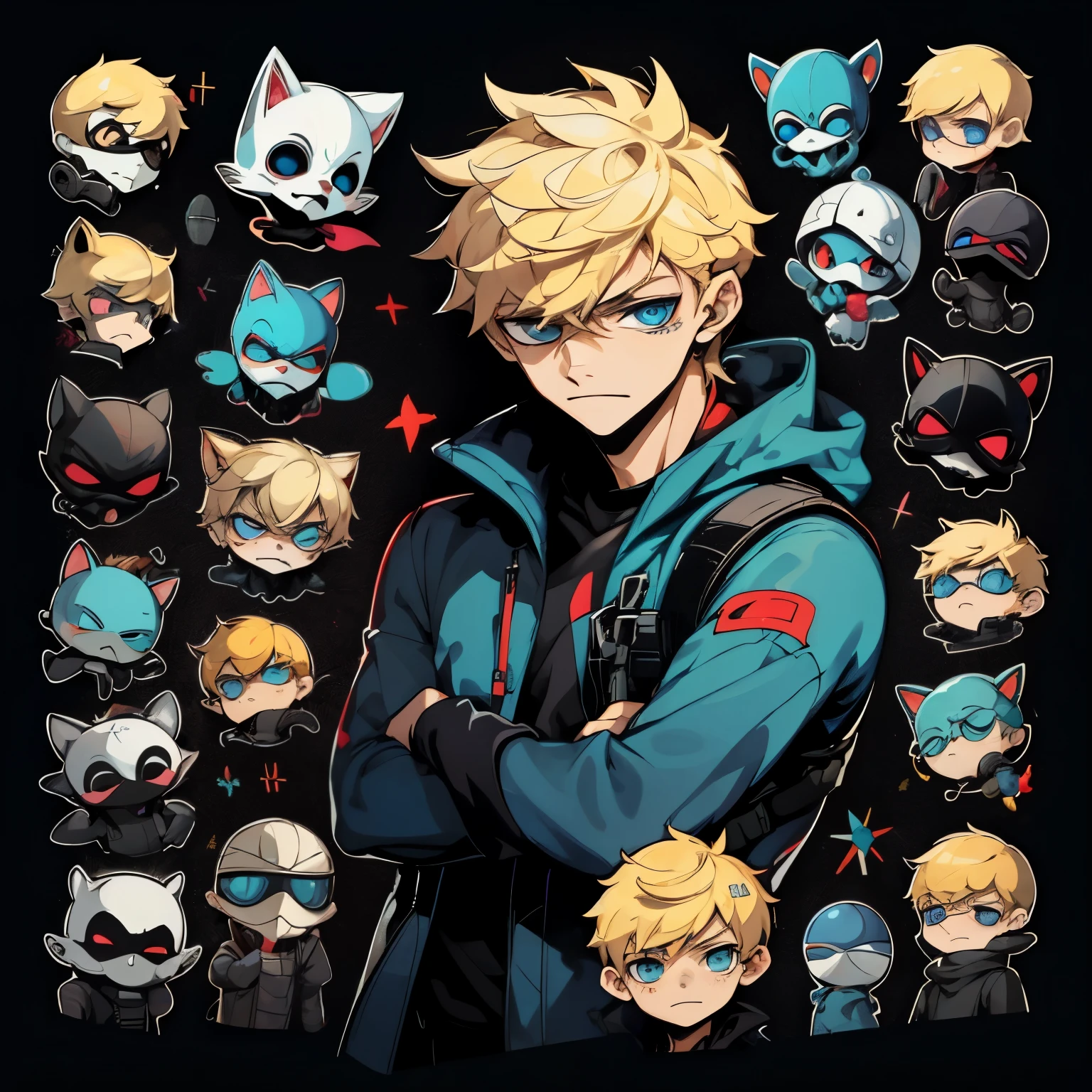 sticker,1boy, simple background, blond hair, blue eyes, handsome, hacker, dark style
