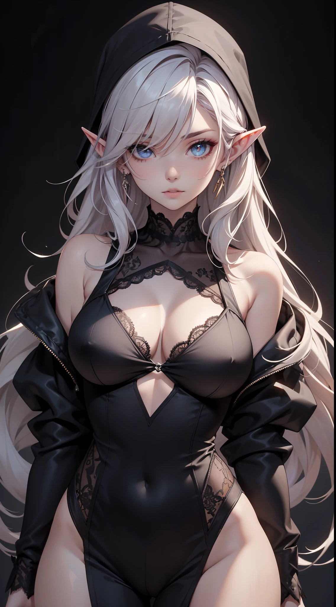 White elf girl, very long flowing hair, white eye color, small eyes, realistic human eye shape, round eye shape, eyeliner, realistic face shape. black lace low cut lace shirt, portrait, wearing a black hood, black background, chest showing, NSFW, Depth of Field. looking at camera, dreamy look detailed eyes, detailed face, detailed skin, Ultra Detailed, Beautiful and Aesthetic, Masterpiece, Best Quality, shoulders showing. lace fabric, round chin shape. wearing black hood over hair. wearing a black hood. hips showing, flairs in background, zoomed out. full body showing. hips exposed. sexy black lace outfit with hood. full body showing, lower body showing. legs showing.