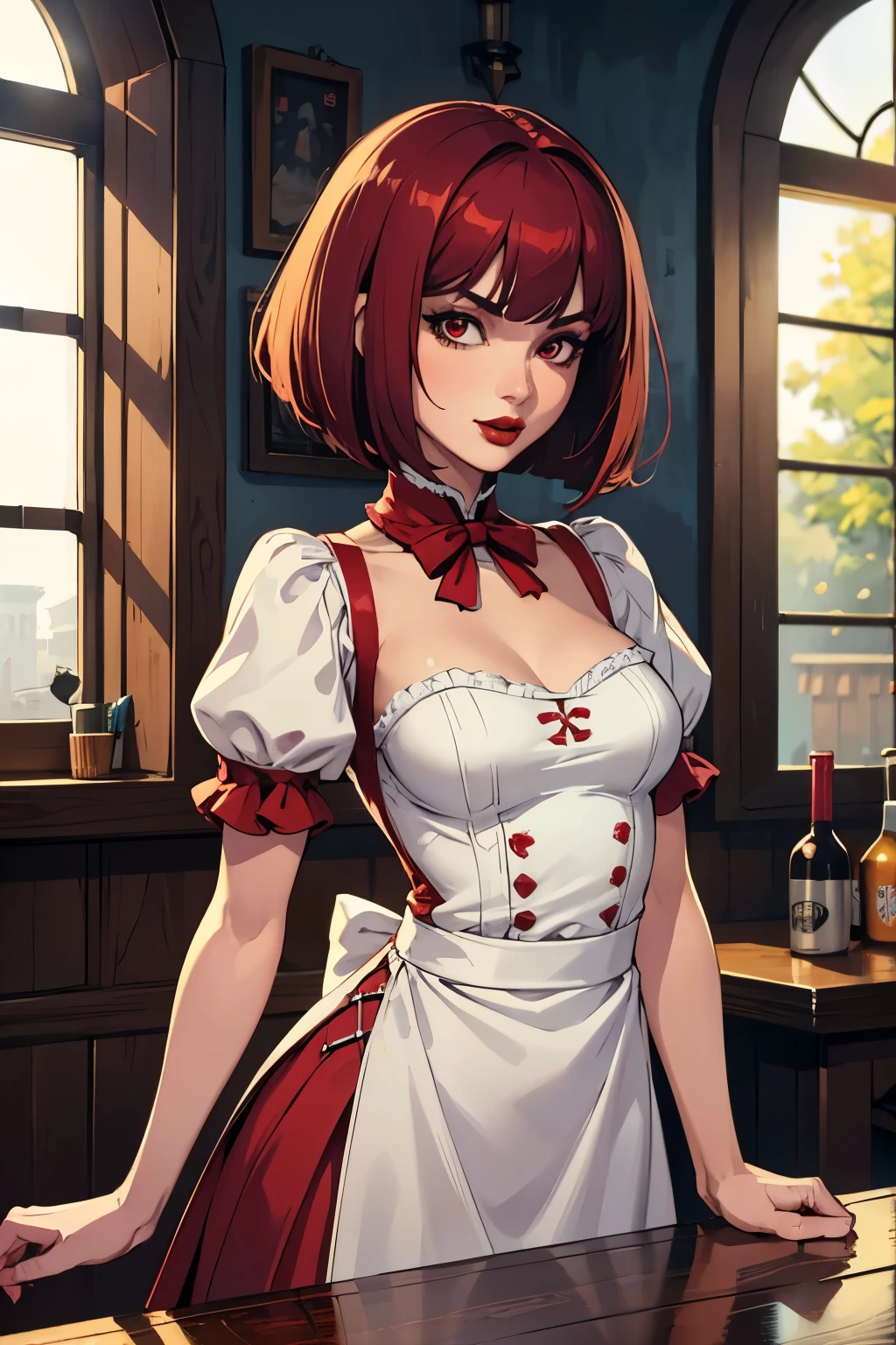 high detailed, 8k, highres, 1girl, solo, barmaid, bob cut, ((dark red lips)), evil, mean, sadistic, white skirt, white blouse, scarlet hair, puff sleeves, small breasts, boob window, neckline, tavern, inn