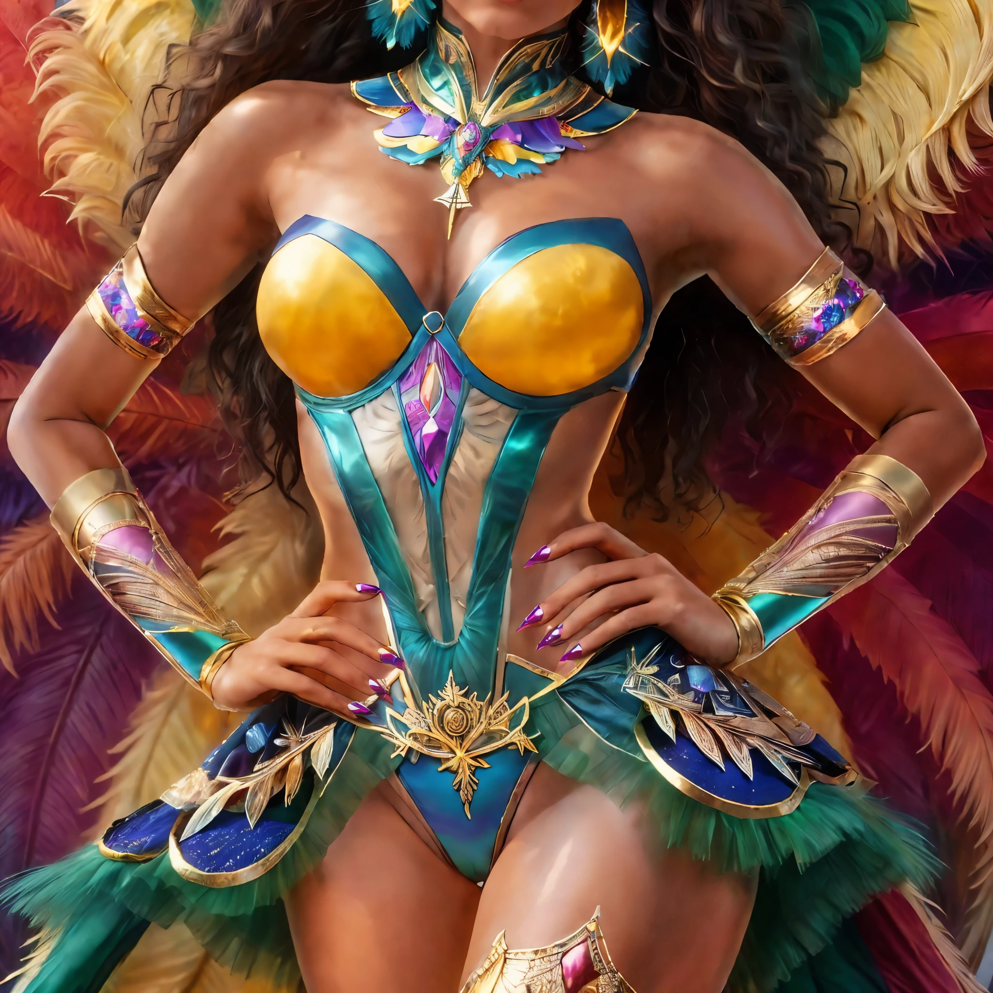 Araffe vestido con un traje con plumas y plumas., epic 3D oshun, exotic costumes, garota, Colorful Digital Fantasy Art, Retrato de la princesa de carnaval, Piel oscura diosa femenina del amor, karol bak uhd, piel aceitada, Artgerm Julie Bell Beeple, reina carioca, armadura de bikini adornada, Antecedentes del carnaval