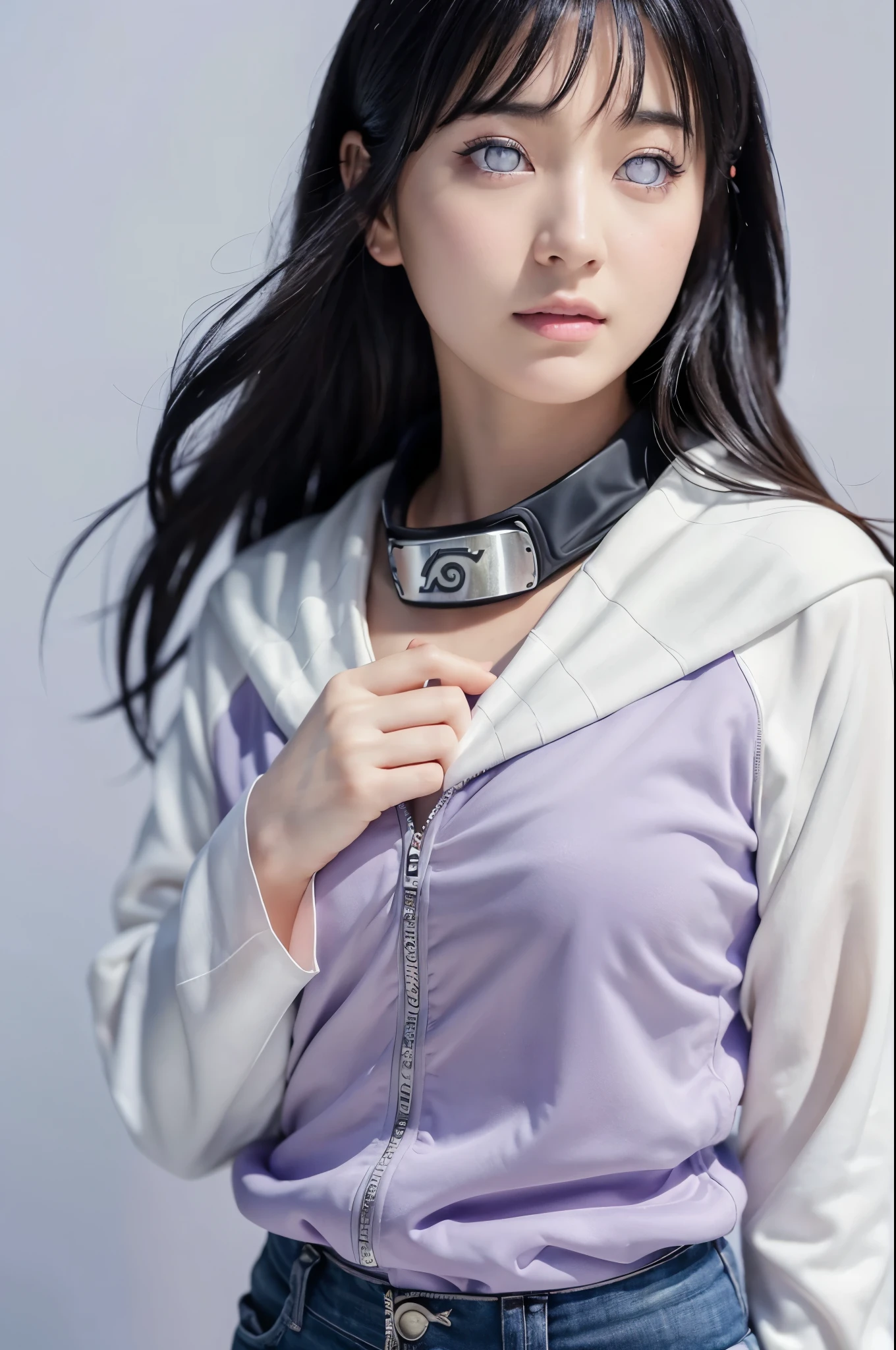 (highest quality,super detailed,realistic:1.37),Naruto's Hinata,beautiful and fine eyes,Soft facial features,porcelain skin,long silky black hair,slightly bigger breasts,tightly tied forehead protector,calm expression,casual clothes,white and lavender color palette,Subtle shading and highlight effects,Dynamic and vivid background,studio lighting,artistic rendering style,Bright colors,Castle town in the background,Pose that emphasizes the buttocks,