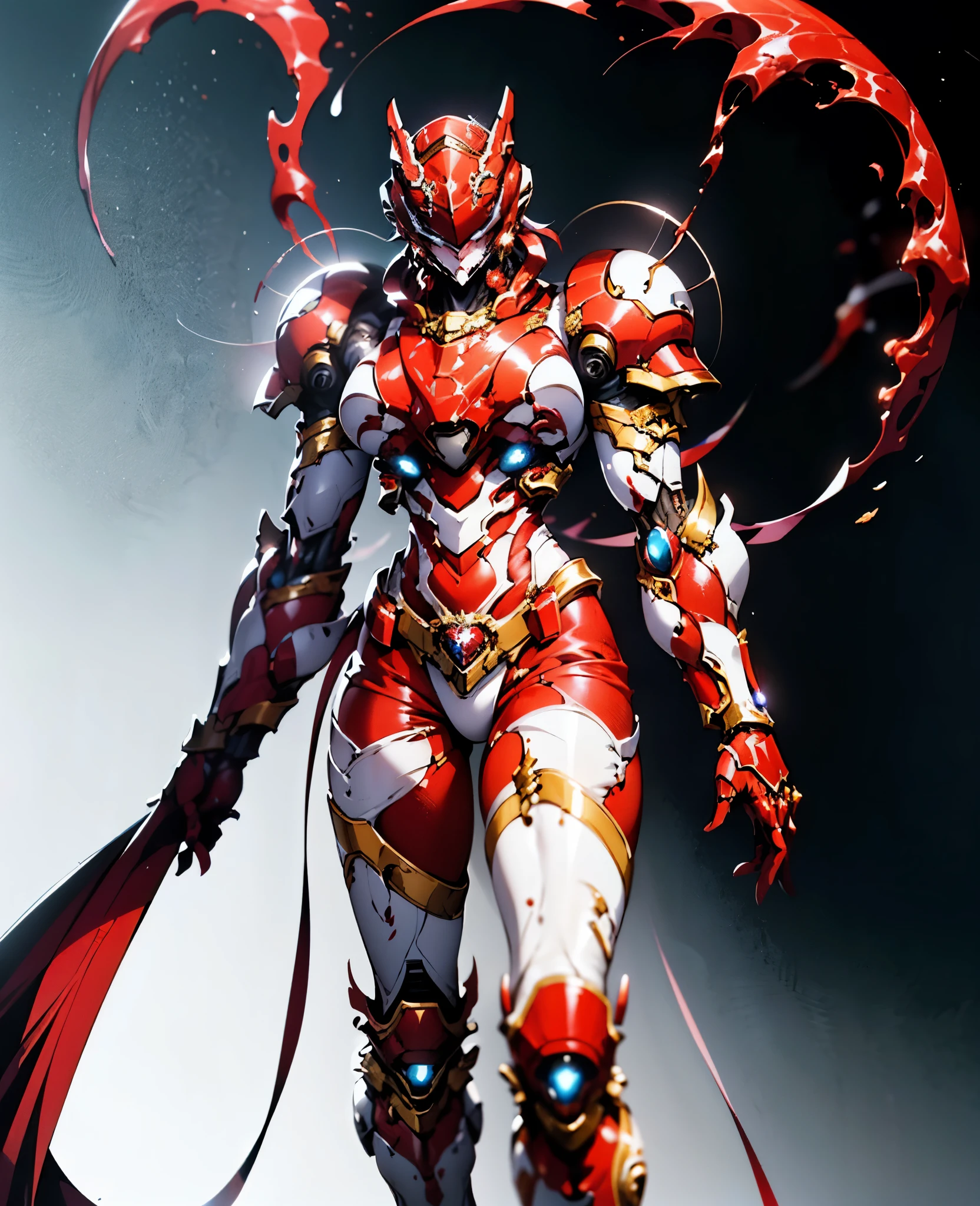 A woman adorned in fantasy-style full-body armor, a crown-concept fully enclosed helmet that unveils only her eyes, a composite layered chest plate, fully encompassing shoulder and hand guards, a lightweight waist armor, form-fitting shin guards, the overall design is heavy-duty yet flexible, the armor gleams with a golden glow, complemented by red and blue accents, exhibiting a noble aura, she floats above a fantasy-surreal high-tech city, this character embodies a finely crafted fantasy-surreal style armored hero in anime style, exquisite and mature manga art style, Queen Bee Concept Armor, (plasma, blood), ((bio mecha, long legs, elegant, goddess, femminine:1.5)), metallic, high definition, best quality, highres, ultra-detailed, ultra-fine painting, extremely delicate, professional, anatomically correct, symmetrical face, extremely detailed eyes and face, high quality eyes, creativity, RAW photo, UHD, 32k, Natural light, cinematic lighting, masterpiece-anatomy-perfect, masterpiece:1.5