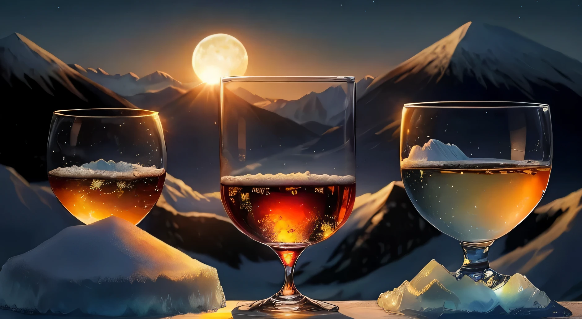 Change this glass background, sun rise, moon rise, ice hill, mountains, perfect looking penguins, 8k