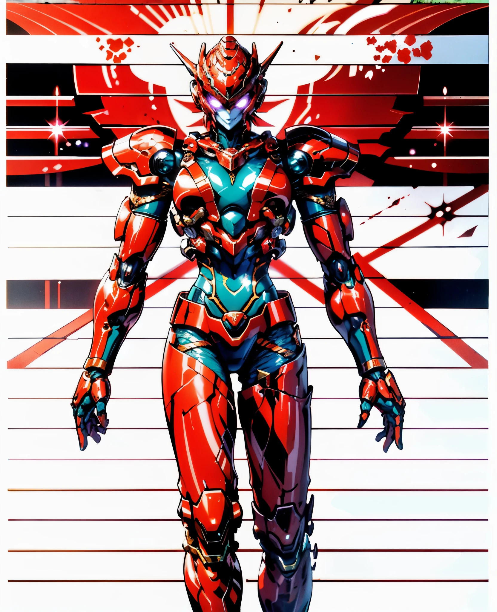 A woman adorned in fantasy-style full-body armor, a crown-concept fully enclosed helmet that unveils only her eyes, a composite layered chest plate, fully encompassing shoulder and hand guards, a lightweight waist armor, form-fitting shin guards, the overall design is heavy-duty yet flexible, the armor gleams with a golden glow, complemented by red and blue accents, exhibiting a noble aura, she floats above a fantasy-surreal high-tech city, this character embodies a finely crafted fantasy-surreal style armored hero in anime style, exquisite and mature manga art style, Queen Bee Concept Armor, (plasma, blood), ((bio mecha, long legs, elegant, goddess, femminine:1.5)), metallic, high definition, best quality, highres, ultra-detailed, ultra-fine painting, extremely delicate, professional, anatomically correct, symmetrical face, extremely detailed eyes and face, high quality eyes, creativity, RAW photo, UHD, 32k, Natural light, cinematic lighting, masterpiece-anatomy-perfect, masterpiece:1.5