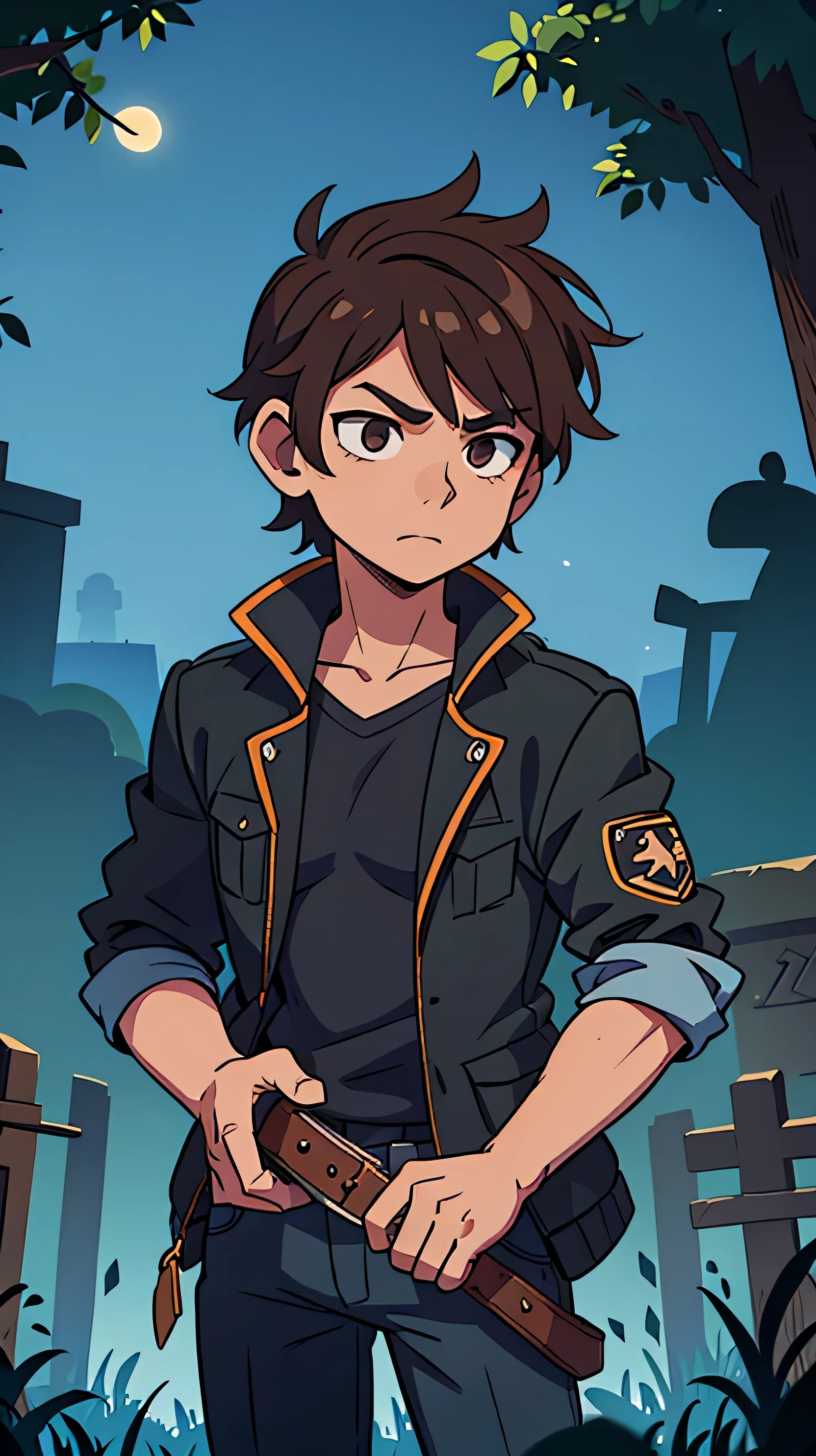 1 brown haired male , in a graveyard , black jacket , night time