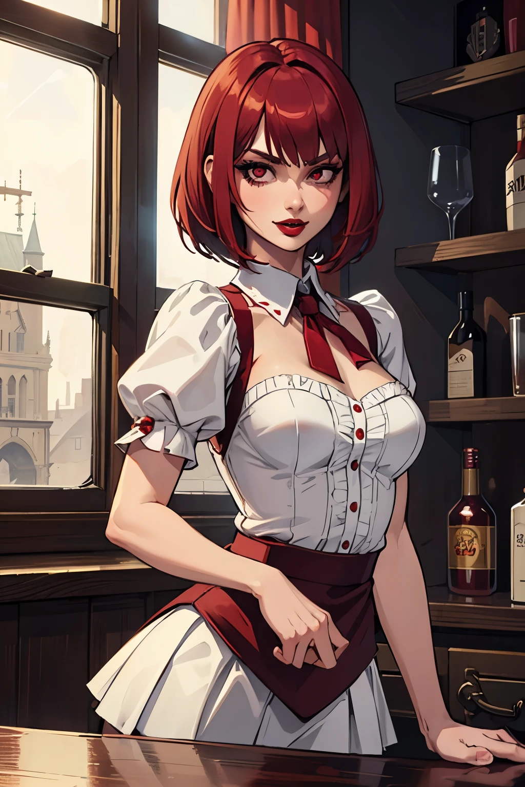 high detailed, 8k, highres, 1girl, solo, barmaid, scarlet hair, bob cut, ((dark red lips)), evil, mean, sadistic, white skirt, white blouse, puff sleeves, small breasts, boob window, neckline, tavern, inn