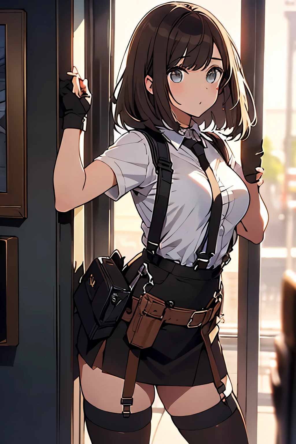 brown hair、looking at the viewer　　suspenders　　　Bulging big breasts　　 　 　　　　Black miniskirt　garter belt　knee high socks　　　　　　Gaze　　　small face　bangs 　　　　　Beauty　　hands up　　 　Gaze 　black boots 　provocation　　　one person 　　　cutter shirt　　Panty shot　hands behind　put your hands behind your back　Hands behind your back　With your hands behind your back　armed　holster　handgun　belt garter bell black gloves with holes