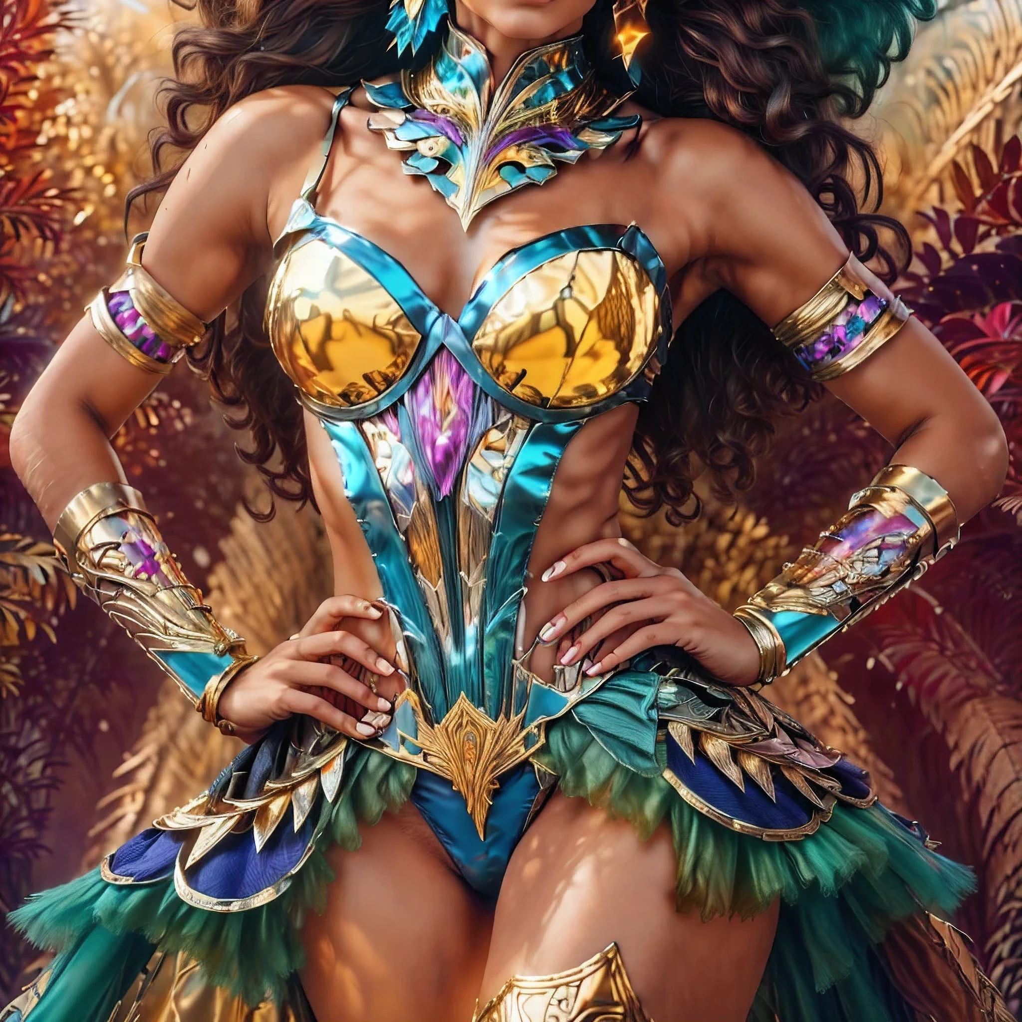 Araffe vestido con un traje con plumas y plumas., epic 3D oshun, exotic costumes, garota, Colorful Digital Fantasy Art, Retrato de la princesa de carnaval, Piel oscura diosa femenina del amor, karol bak uhd, piel aceitada, Artgerm Julie Bell Beeple, reina carioca, armadura de bikini adornada, Antecedentes del carnaval