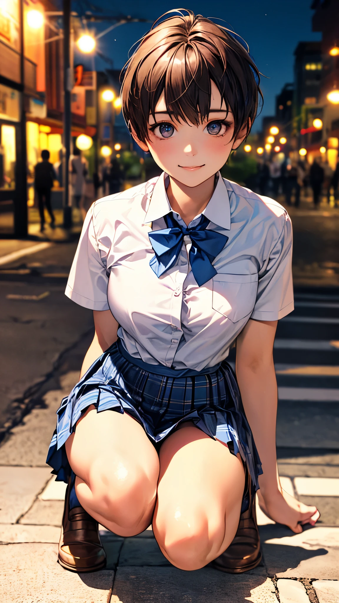 (masterpiece:1.2, top-quality), (realistic, photorealistic:1.4), beautiful illustration, (natural side lighting, movie lighting), 
looking at viewer, full body esbian, front view:0.6, 1 girl, japanese, high school girl, perfect face, cute and symmetrical face, shiny skin, 
(short hair:1.5), brown hair, bangs, hair between eyes, long eye lasher, large breasts:0.8, 
beautiful hair, beautiful face, beautiful detailed eyes, beautiful clavicle, beautiful body, beautiful chest, beautiful thigh, beautiful legs, beautiful fingers, 
((short sleeve collared white shirt, school uniform, blue checked pleated skirt, blue plaid bow tie)), pink panties, 
(beautiful scenery), evening, (down town), squatting, (cute, lovely smile),