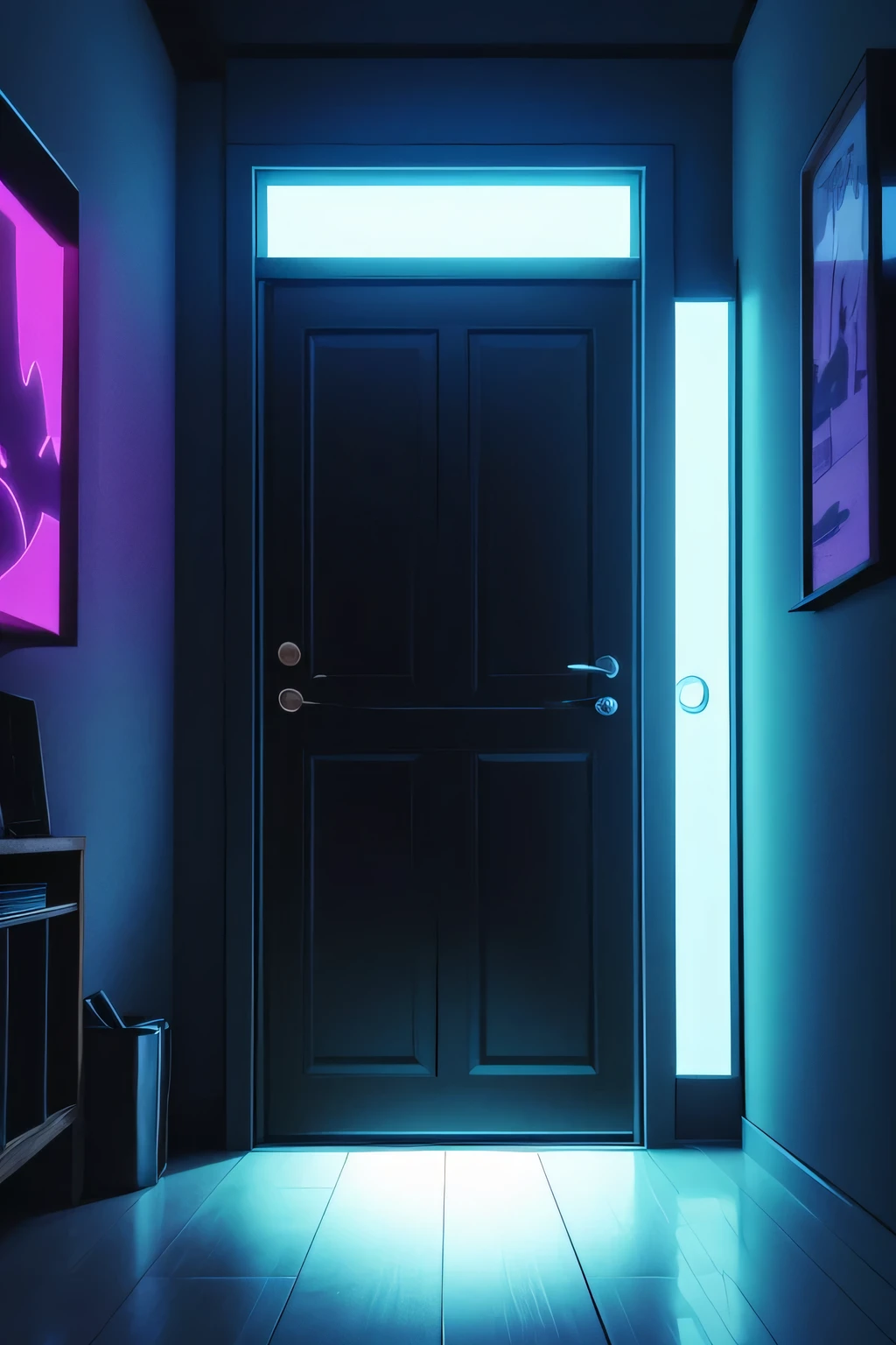 Make a dark room with a light on, the door is open behind, isto'It's night and the room has neon lights