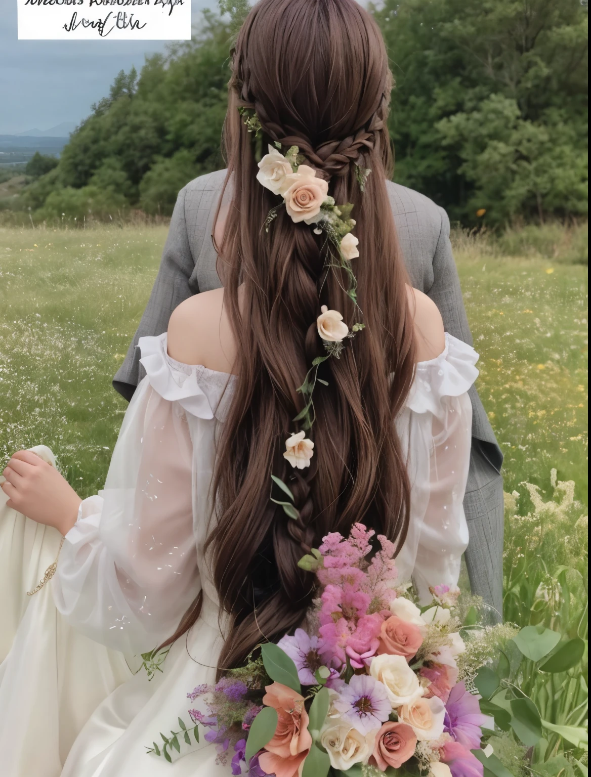 bride with long hair in a wedding dress sitting in a field, long flowing braided hair, flowers on hair, in romantic style, (((flowers on hair))), 🍁 cute, long braided hair pulled back, ❤🔥🍄🌪, bae suzy, elaborate long hairstyle, half updo hairstyle, pinterest hair picture, braided hair with roses, pigtails hairstyle