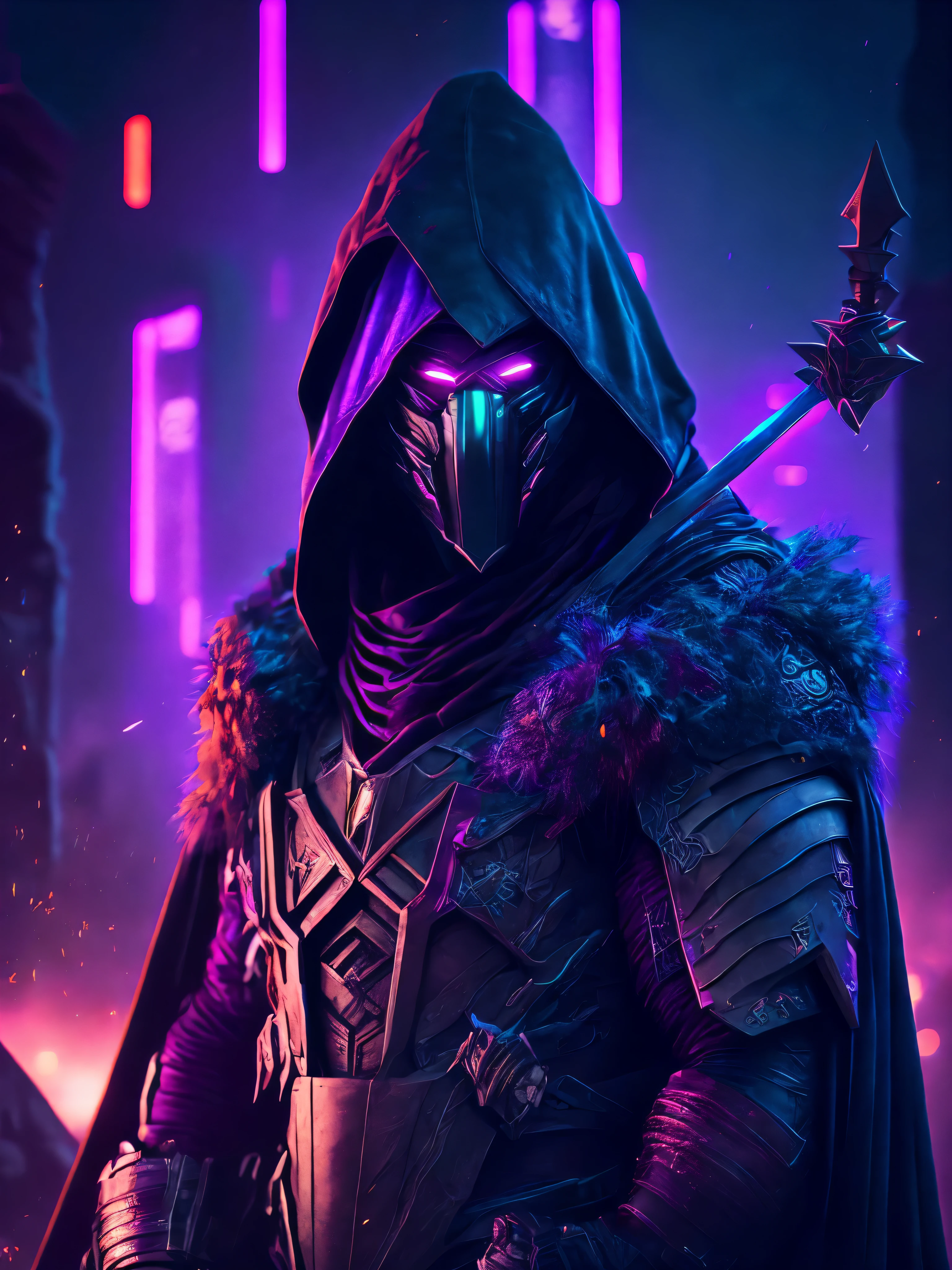  reaper portrait from Marvel dressed as a kurumi ninja with intricate angular cybernetic implants inside a brutalist building, gothic brutalist graveyard, cyberpunk, Foto premiada, Bokeh, Neon lights, cybernetic, fireworks in the background.