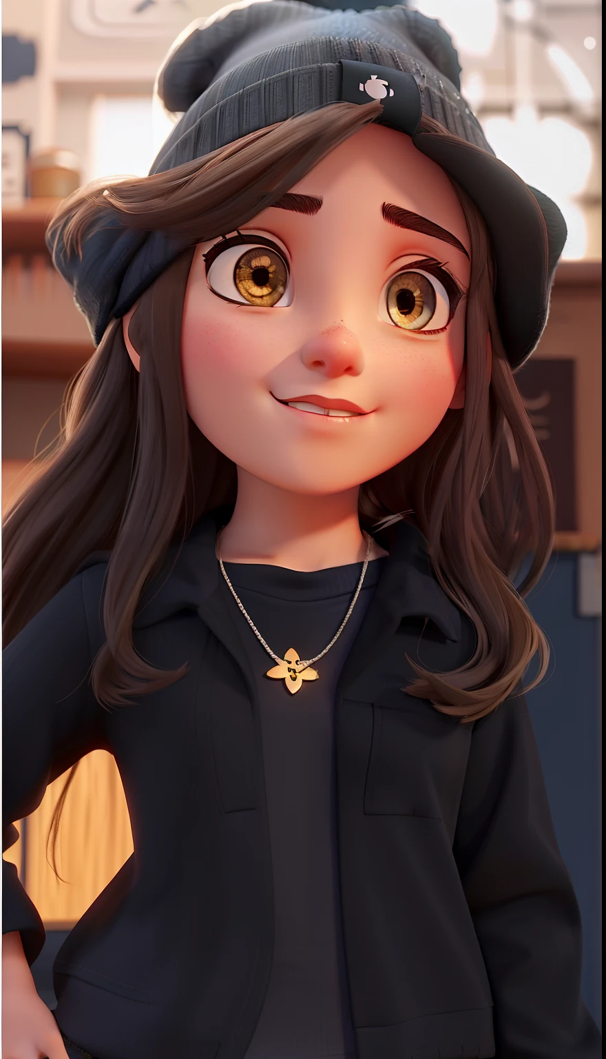 white girl, with beanie, long hair and brown eyes, black blouse with symbol and looking at the camera
