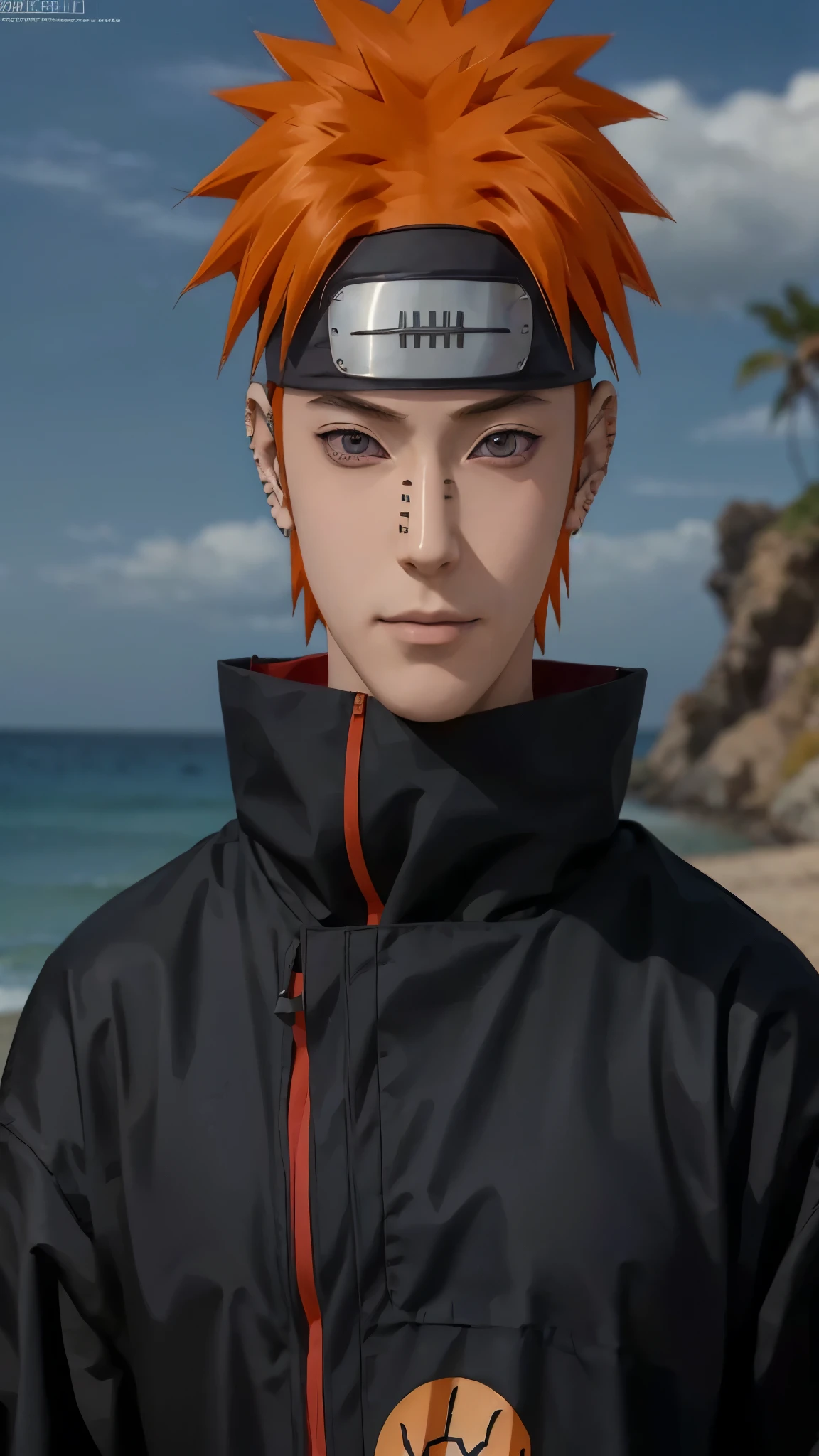 1male, yahiko in anime naruto, short hair , orange hair, black eyes, handsome, smile, black clothes, realistic clothes, detail clothes, beach city background, ultra detail, realistic