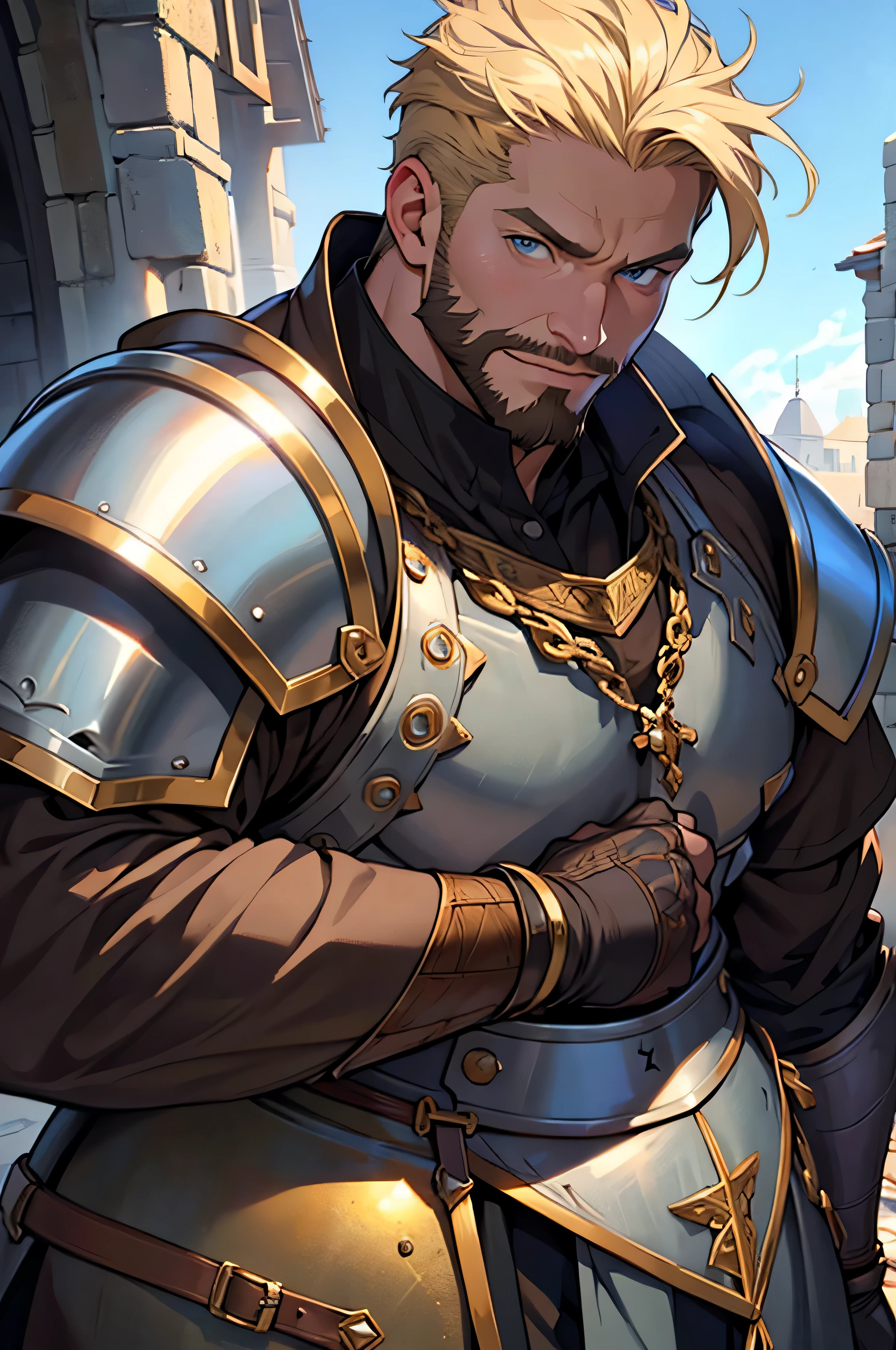 anime, masterpiece, best quality, by professional artist, male, 1man, solo, upper body portrait, detailed composition, detailed eyes, detailed hair, short dirty blond hair and beard, light blue eyes, cheerful, short quiff hair, wearing brown medieval heavy armor, round chubby face, burly, round face