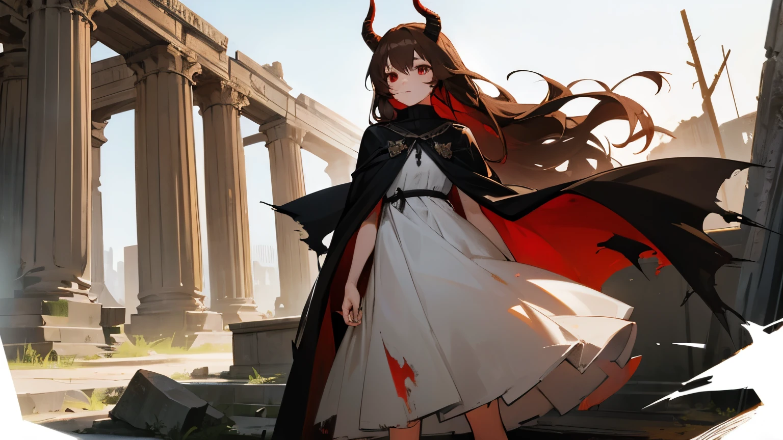 1 girl, 19 years old, tall, long brown hair, red eyes, black straight horns, white dress, black cape, old torn clothes, ancient ruins, 