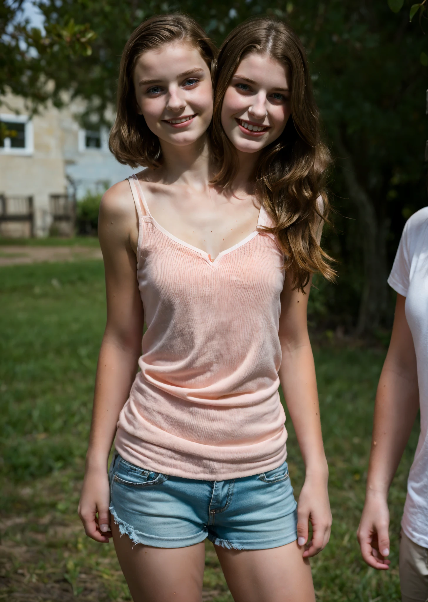 2heads, two headed girl, (a 13 year old girl and a 22 year old woman:1.5), (one is brunette and the other is redhead:1.2)
