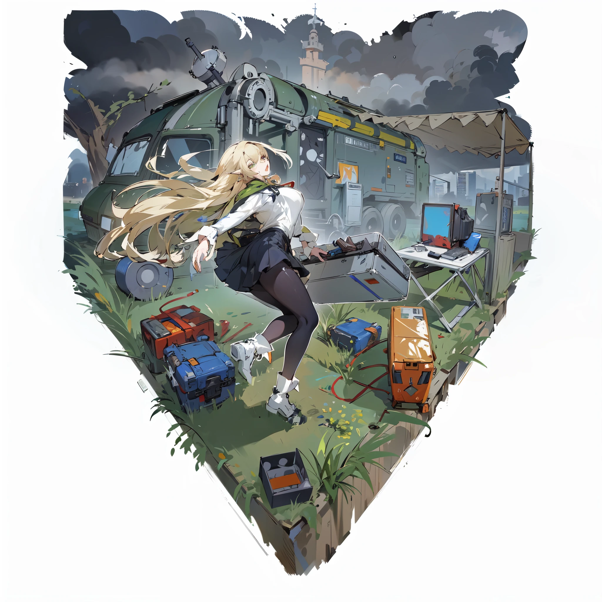 [ anime - style illustration of an elf girl with long blonde hair holding a big suitcase ], [ puddle of water ], [sci-fi military truck in the background ], [ many anime gadgets scattered about ], ruined post-apocalyptic city in the horizon, cloudy sky, gacha character illustration, blonde from girls frontline, girls frontline cg, girls frontline style, girls frontline universe, fine details. girls frontline, m4 sopmod ii girls frontline, cushart kenz, girls frontline, from arknights, trending on artstation pixiv, digital anime art