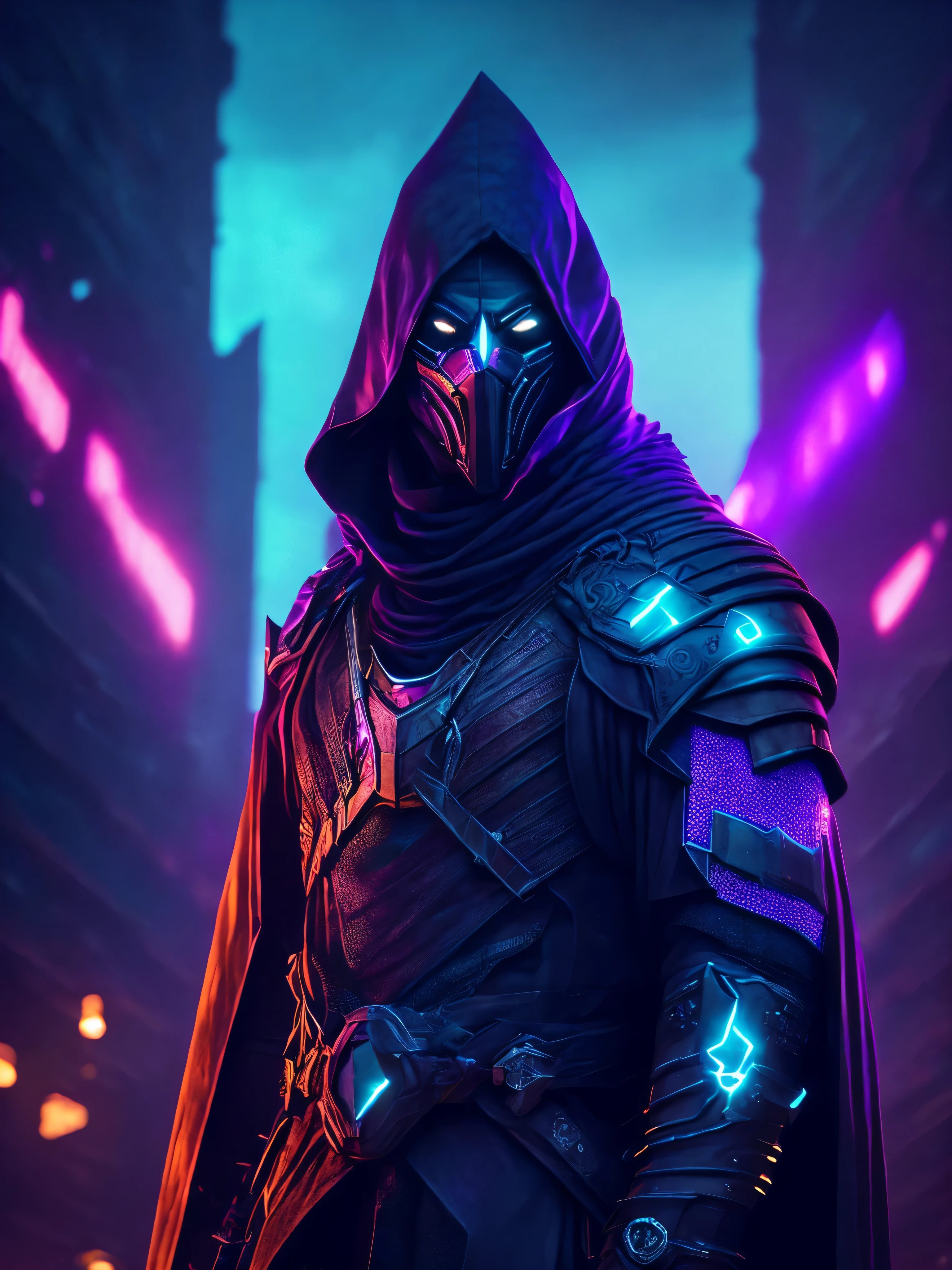 reaper portrait from Marvel dressed as a kurumi ninja with intricate angular cybernetic implants inside a brutalist building, gothic brutalist graveyard, cyberpunk, Foto premiada, Bokeh, Neon lights, cybernetic, fireworks in the background.