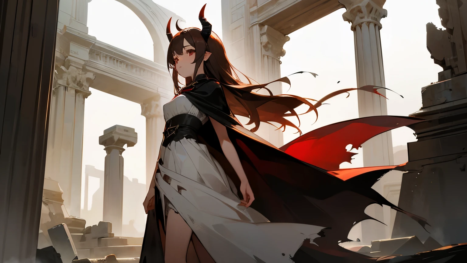 1 girl, 19 years old, tall, long brown hair, red eyes, black straight horns, white dress, black cape, old torn clothes, ancient ruins,