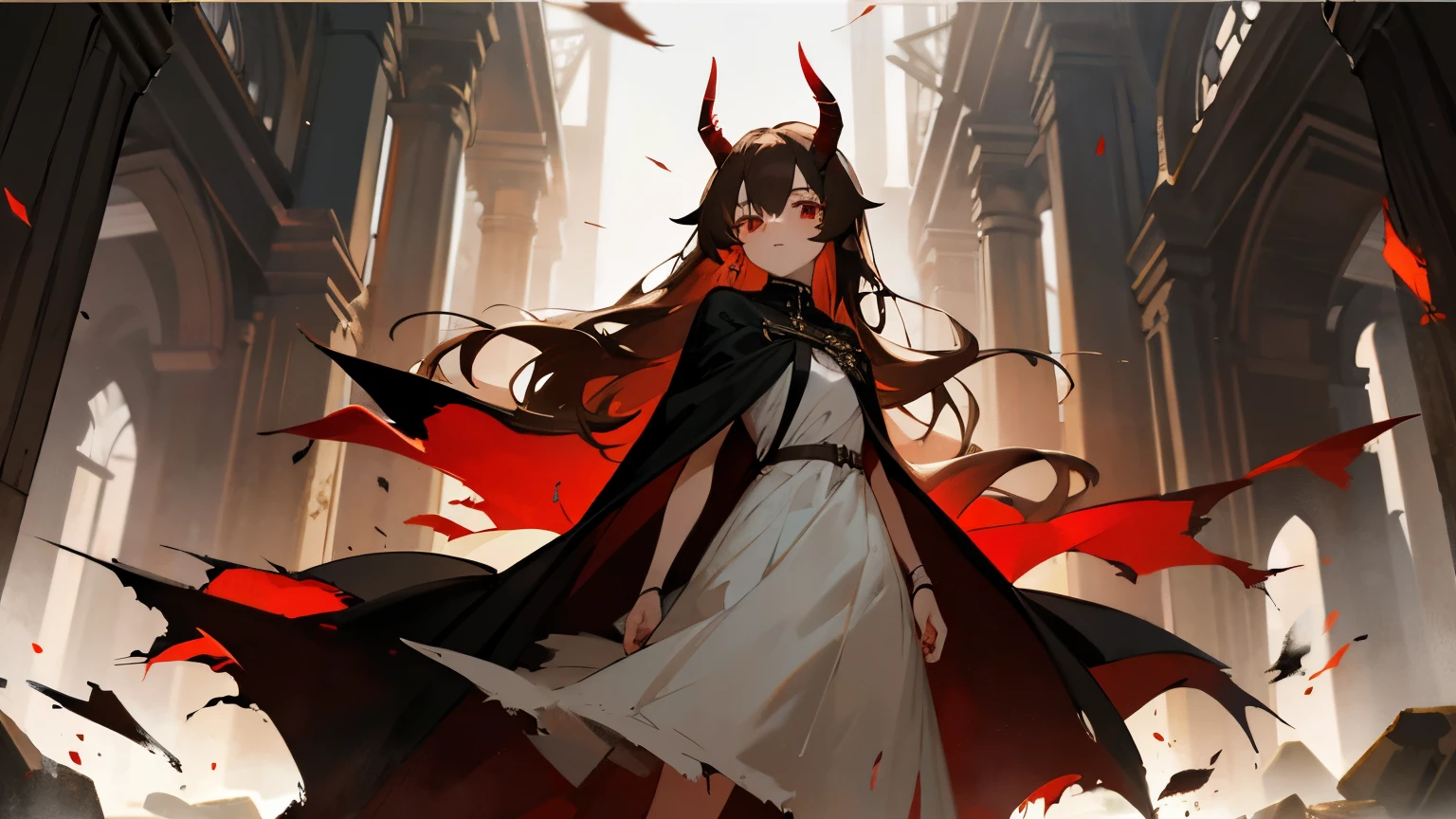 1 girl, 19 years old, tall, long brown hair, red eyes, black straight horns, white dress, black cape, old torn clothes, ancient ruins, 
