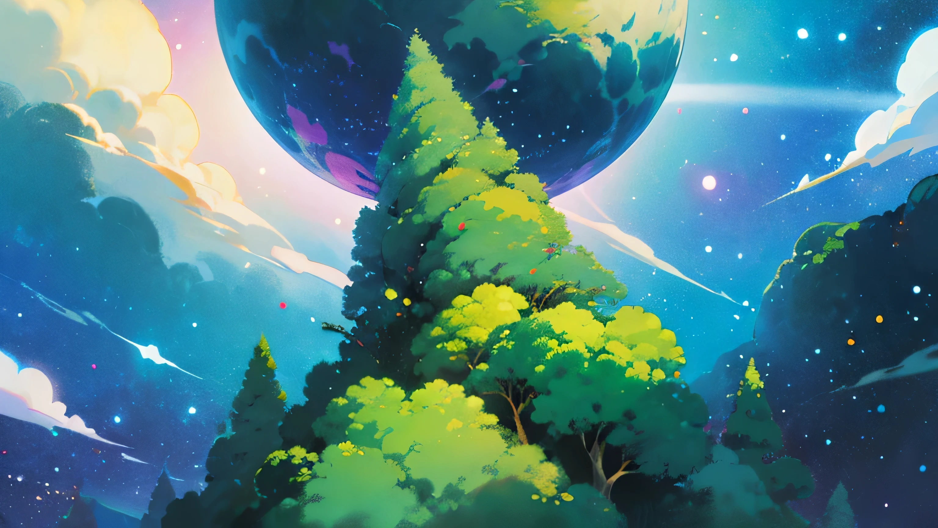 random generated ghibli world or unvierse with random colors mythical paradox galaxy