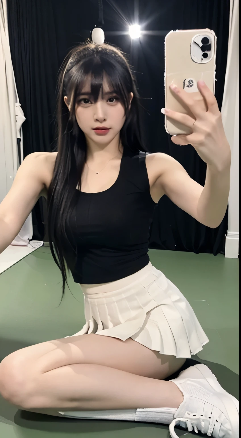 ((realistic lighting, highest quality, 8K, masterpiece, medium shot: 1.3)), clear focus: 1.2, 1 girl, perfect figure: 1.4, plump bust,((black hair)),((With bangs)),(tennis wear: 1.4), in the gym changing room, Sitting on a bench,white ankle-length socks,white sneakers,super fine face, fine eyes, double eyelid,(White pleated mini skirt), open your legs,White panties are visible,He has a black smartphone in his right hand.,Taking a selfie with his arm outstretched holding his smartphone,Your face is hidden by your smartphone,left hand is on the floor
