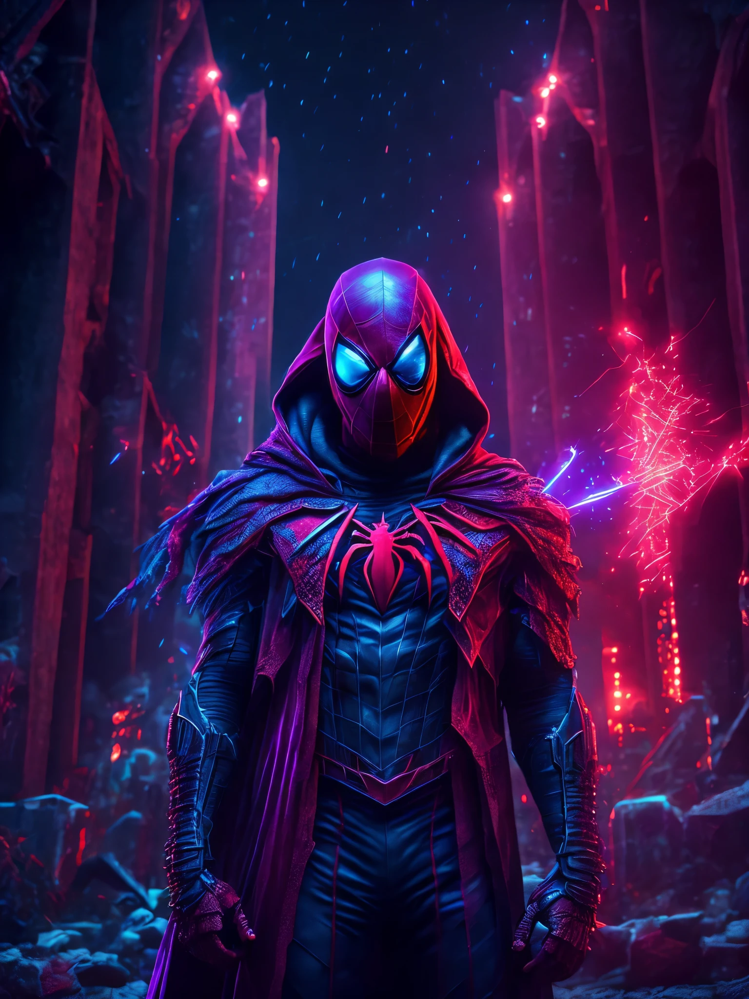 reaper portrait from Marvel dressed as Spiderman with ripped and dirty spiderman suit intricate angular cybernetic implants inside a brutalist building, gothic brutalist graveyard, cyberpunk, Foto premiada, Bokeh, Neon lights, cybernetic, fireworks in the background.