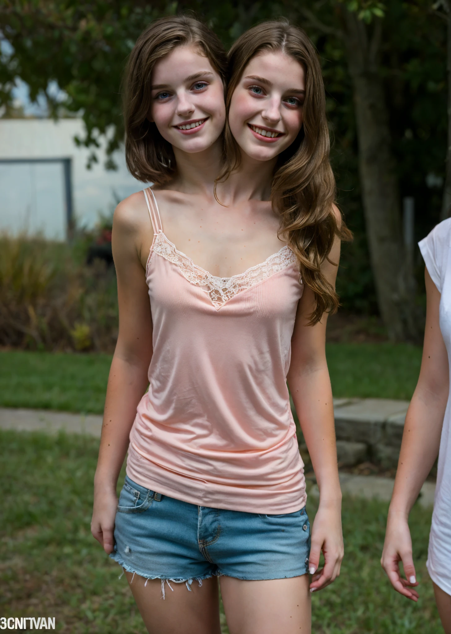 2heads, two headed girl, (a 13 year old girl and a 22 year old woman:1.5), (one is brunette and the other is redhead:1.2)