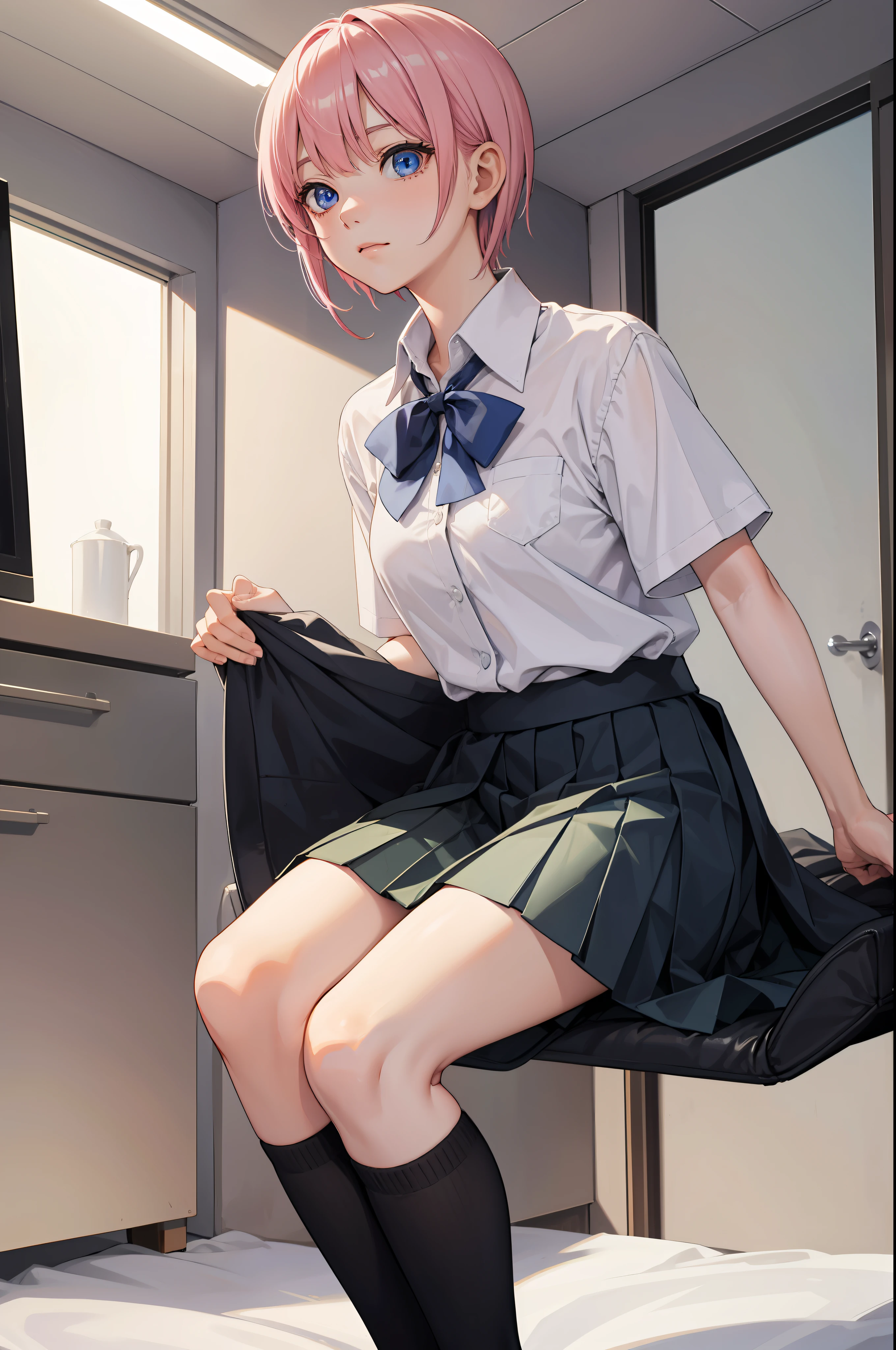ichikanakano, ichika nakano, Short hair, Bangs, Blue eyes, hair between eye, Pink hair,
BREAK skirt, Shirt, School uniform, White shirt, Short sleeves, Pleated skirt, shoes, sox, Collared shirt, Black footwear, Sweaters, White socks, Green skirt, lowfers, clothes around waist,
Break indoors, crass room,
BREAK looking at viewer, BREAK (masutepiece:1.2), Best Quality, High resolution, Unity 8k壁纸, (Illustration:0.8), (Beautiful detailed eyes:1.6), extra detailed face, Perfect Lighting, extremely details CG, (Perfect hands, Perfect Anatomy),