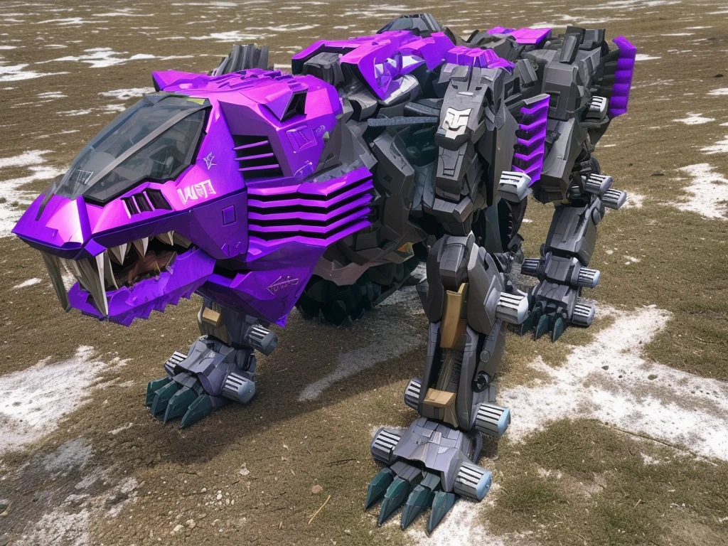 a close up of a purple robot with a lion head cockpit, well armored mech lion with pilot in head, (mecha lion), photo realistic, hyper realistic, masterpiece, good boy giant mecha lion, lion armor mech, mecha animal, detailed sharp robot cat feet, (zoids), zoids art, sharp robot cat paws with claws, sharp detailed robot cat teeth, mech, giant quadrupedal military robot