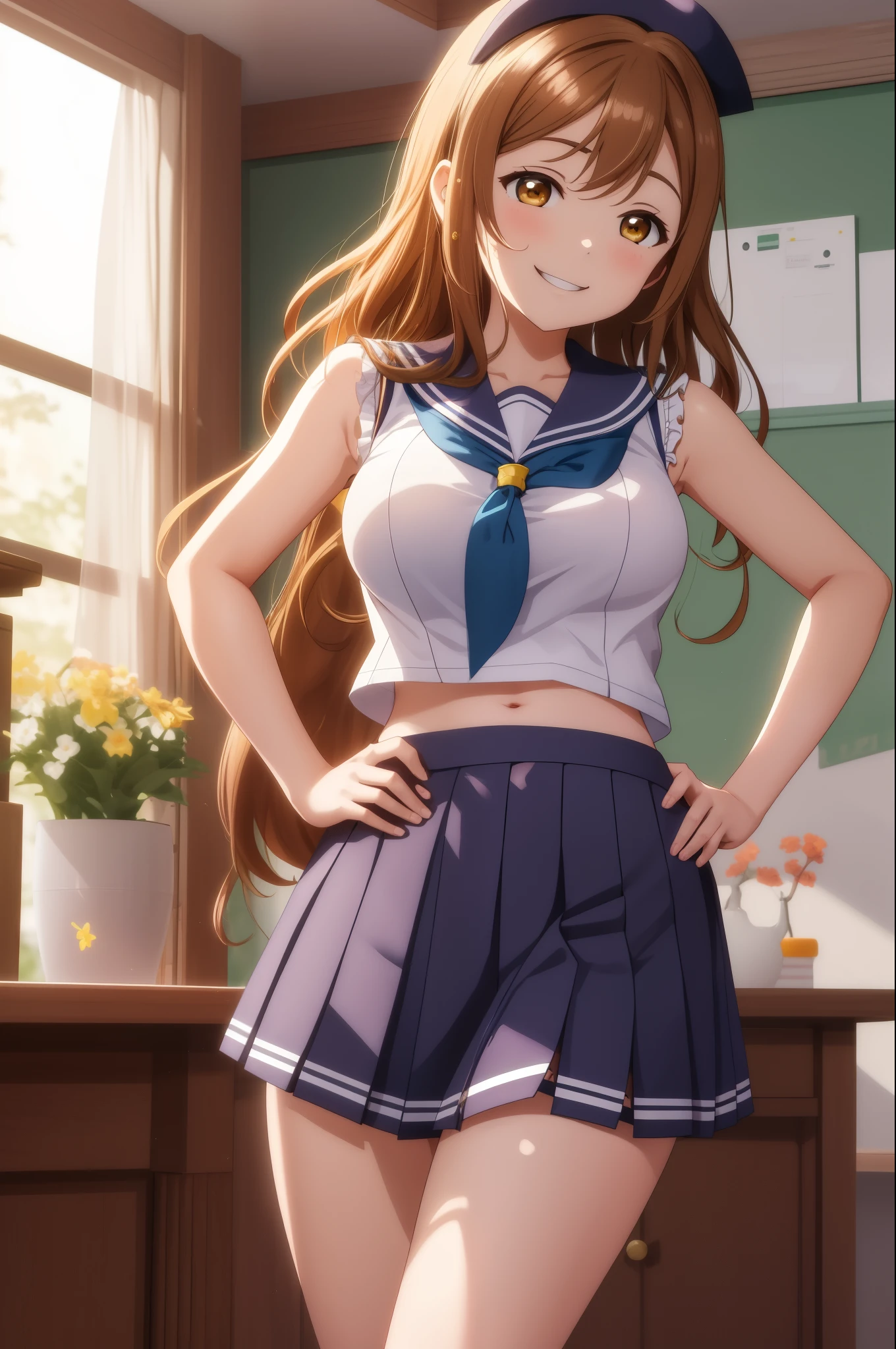 masterpiece, best quality,8k wallpaper, (kunikida hanamaru:0.999), (long hair:0.888),sailor top, school skirt, navel, standing ,one hand on hip another hand on head,slightly excited and smile, sleeveless, thighs, cowboy shot, hair ornamen ,big breast