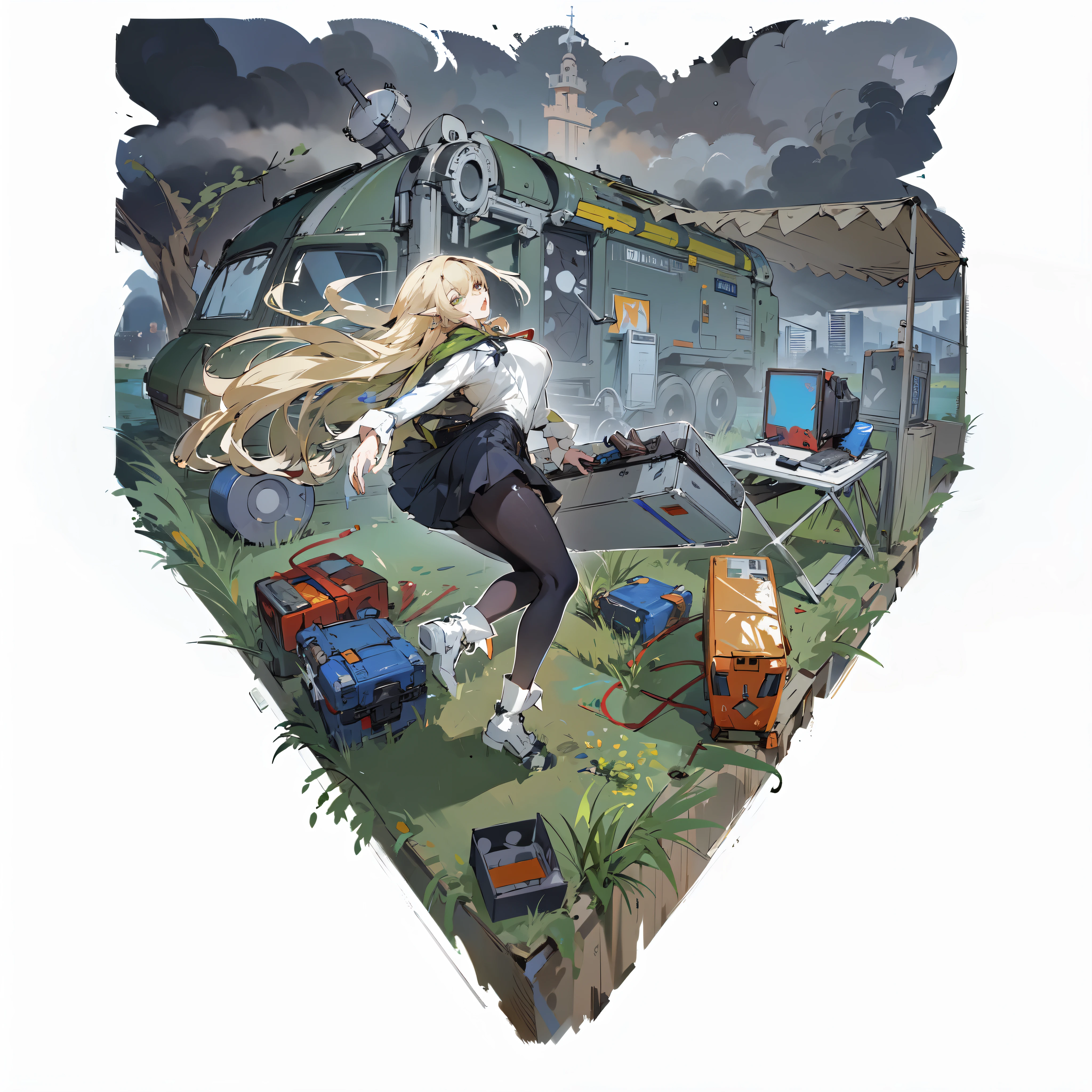 [ anime - style illustration of an elf girl with long blonde hair holding a big suitcase ], [ puddle of water ], [sci-fi military truck in the background ], [ many anime gadgets scattered about ], ruined post-apocalyptic city in the horizon, cloudy sky, gacha character illustration, blonde from girls frontline, girls frontline cg, girls frontline style, girls frontline universe, fine details. girls frontline, m4 sopmod ii girls frontline, cushart kenz, girls frontline, from arknights, trending on artstation pixiv, digital anime art