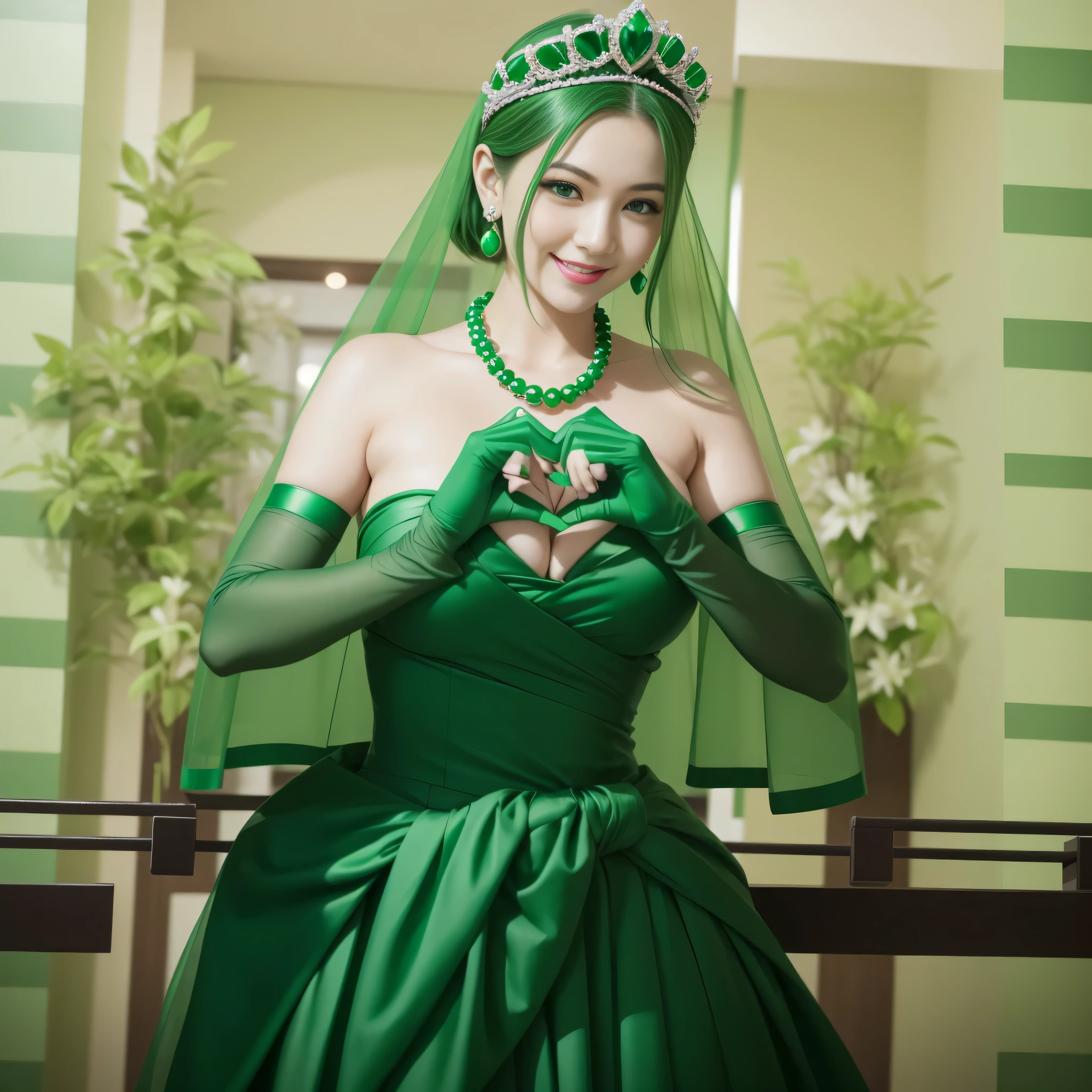 emerald tiara, green pearl necklace, ボーイッシュな非常に短いgreen hair, lipstick, smiling Japanese woman, very short hair, Beauty with large breasts, green eyes, Long Green Satin Gloves, green eyes, emerald earrings, green veil, heart with both hands, green hair, beautiful japanese woman, heart shaped hand:1.3, green lip gloss