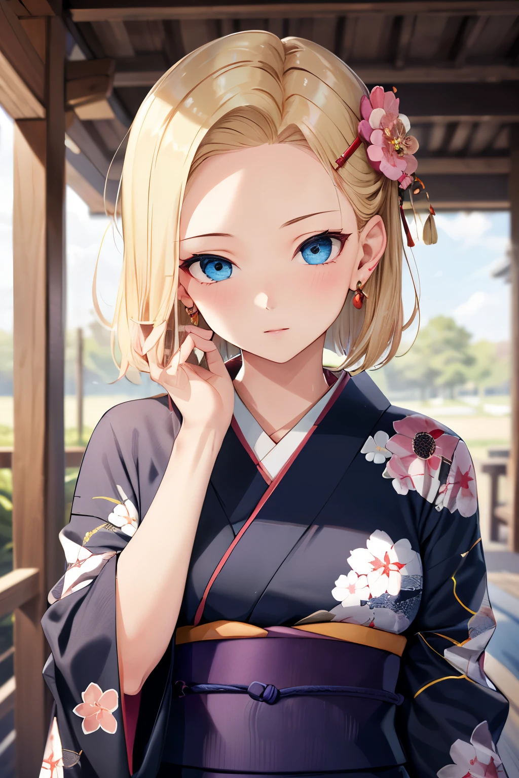 highest quality, High resolution, and 18, 1 girl, android 18, alone, blonde hair, blue eyes, short hair, earrings, jewelry, (kimono:1.2), gorgeous floral pattern, hair ornaments, hairpin, drawstring bag, medium breasts, face up, shrine