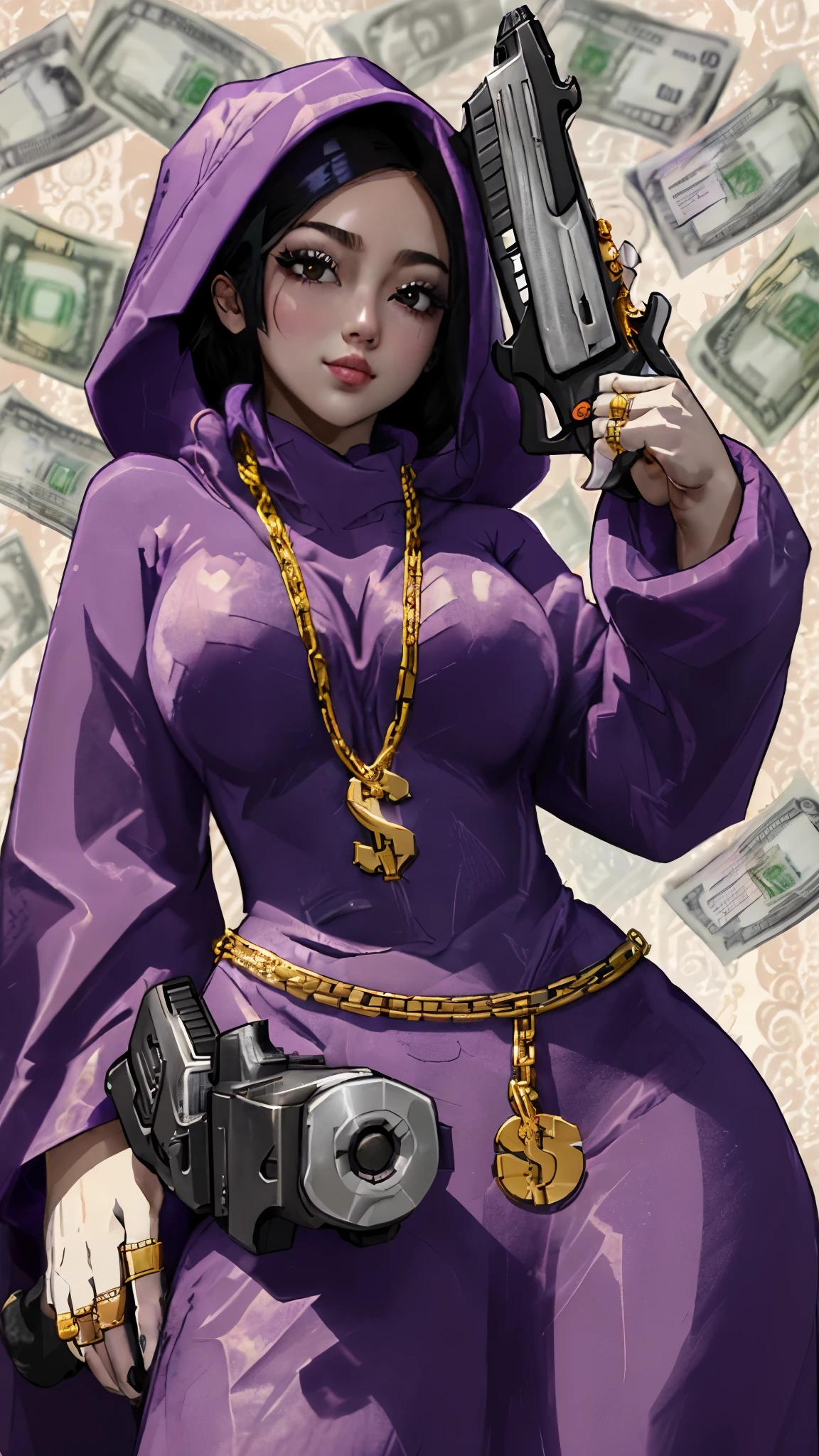 purplewizard,(holding a gun),money gang,intricate details,1girl,