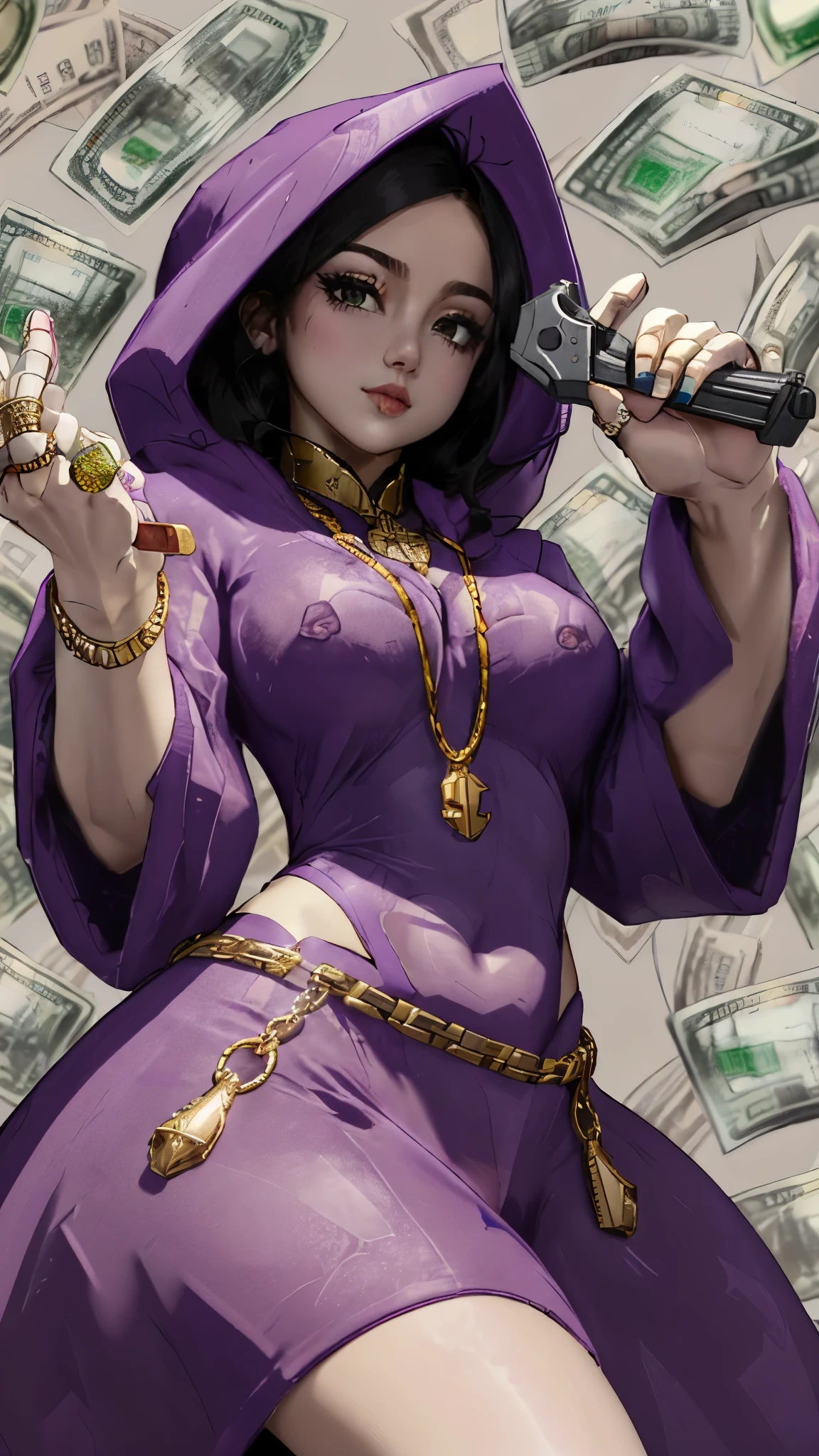 purplewizard,(holding a gun),money gang,intricate details,1girl,