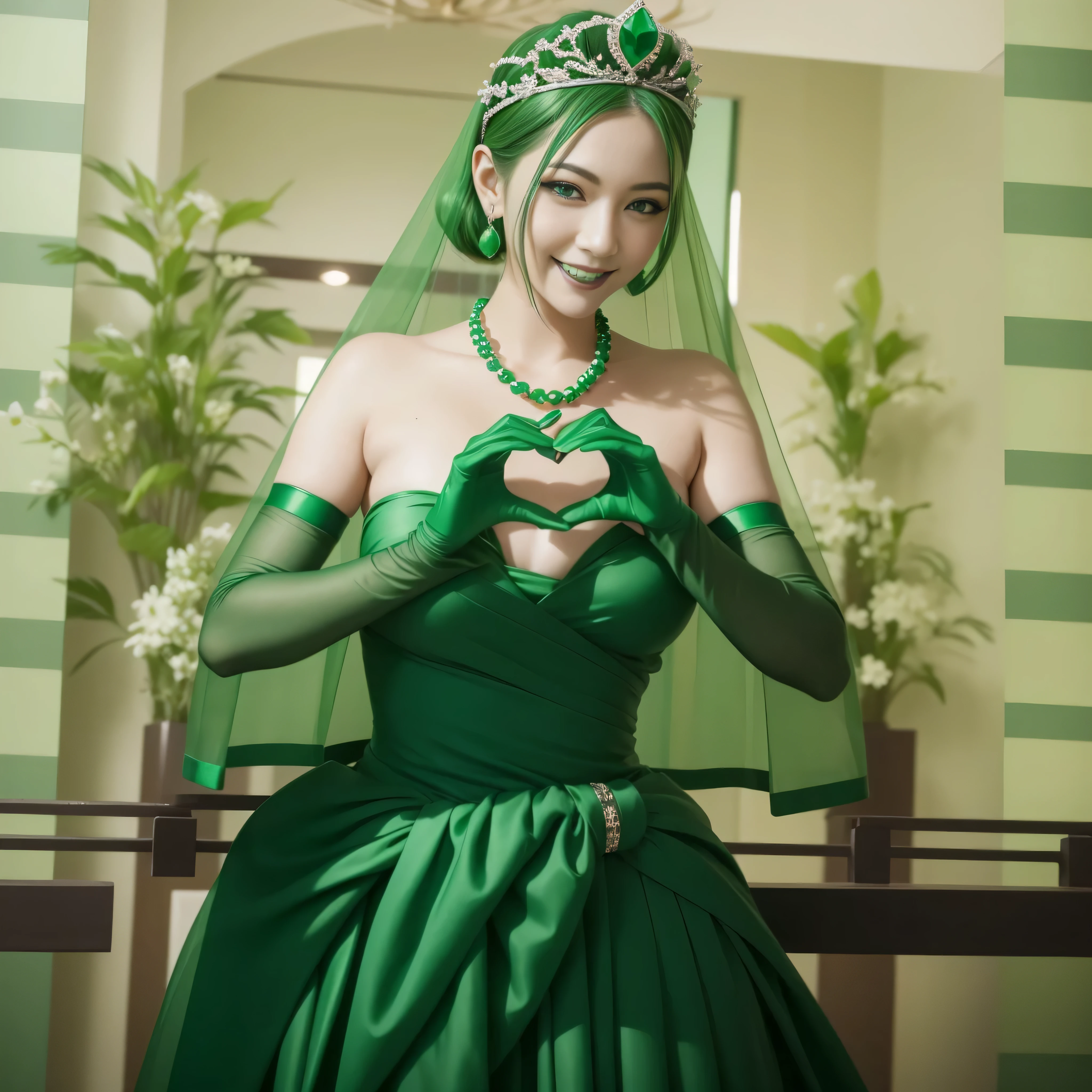 emerald tiara, green pearl necklace, ボーイッシュな非常に短いgreen hair, lipstick, smiling Japanese woman, very short hair, Beauty with large breasts, green eyes, Long Green Satin Gloves, green eyes, emerald earrings, green veil, heart with both hands, green hair, beautiful japanese woman, heart shaped hand:1.3, green lip gloss