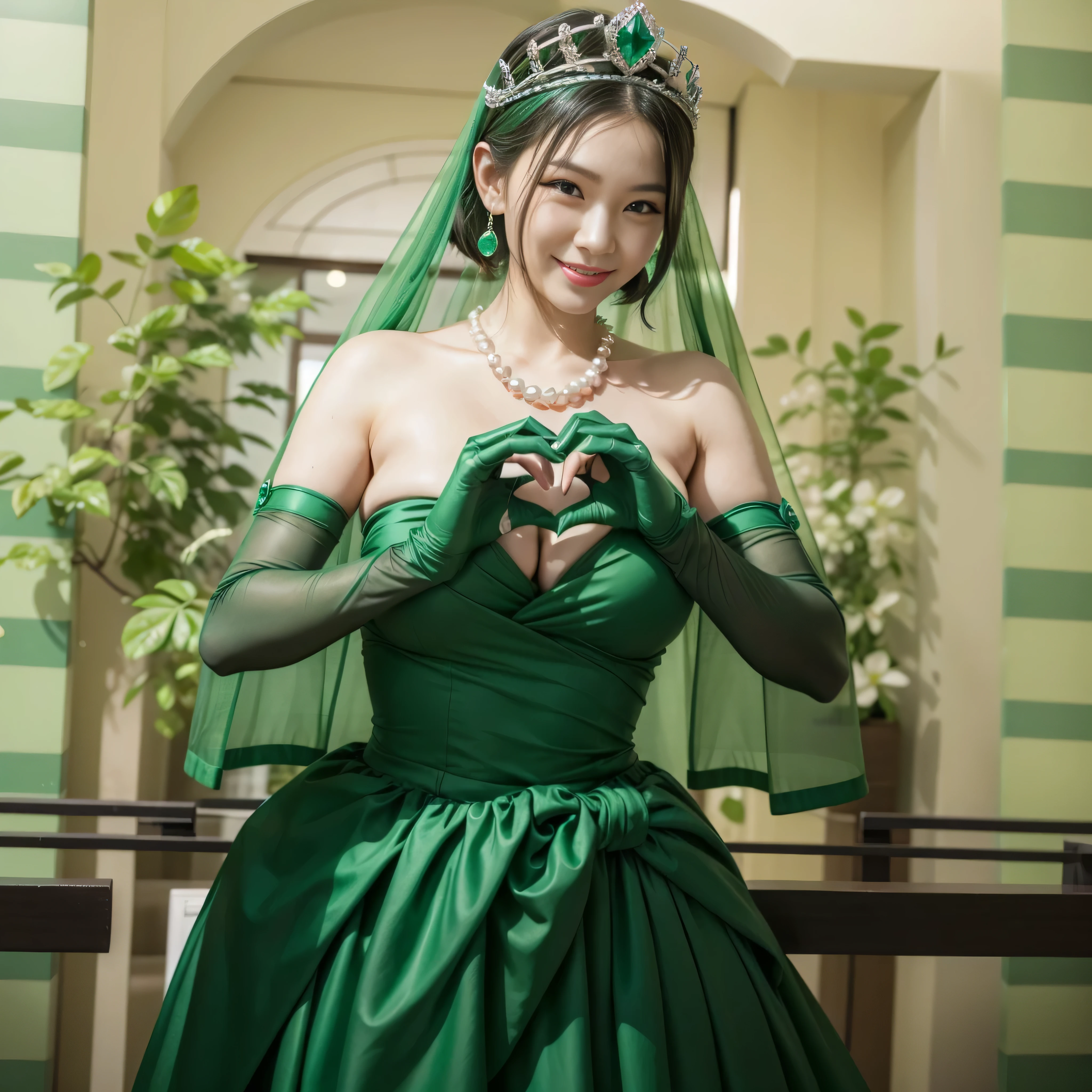 emerald tiara, green pearl necklace, ボーイッシュな非常に短いgreen hair, lipstick, smiling Japanese woman, very short hair, Beauty with large breasts, green eyes, Long Green Satin Gloves, green eyes, emerald earrings, green veil, heart with both hands, green hair, beautiful japanese woman, heart shaped hand:1.3, green lip gloss