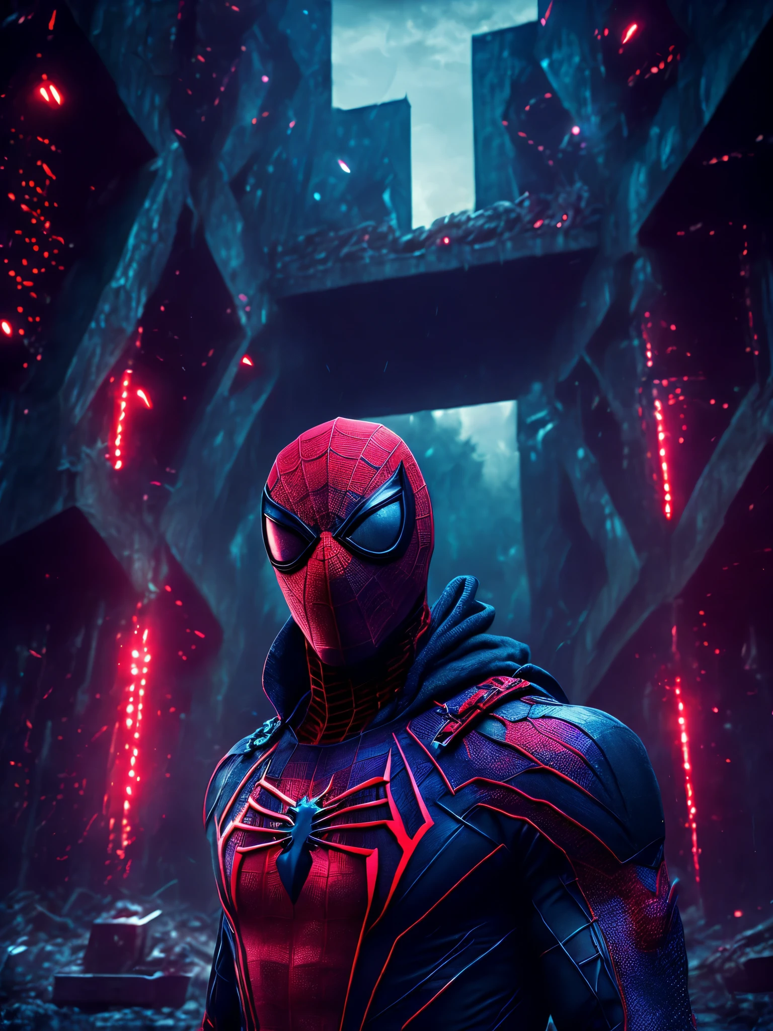 Grim portrait from Marvel dressed as Spiderman with ripped and dirty spiderman suit intricate angular cybernetic implants inside a brutalist building, gothic brutalist graveyard, cyberpunk, Foto premiada, Bokeh, Neon lights, cybernetic, fireworks in the background.