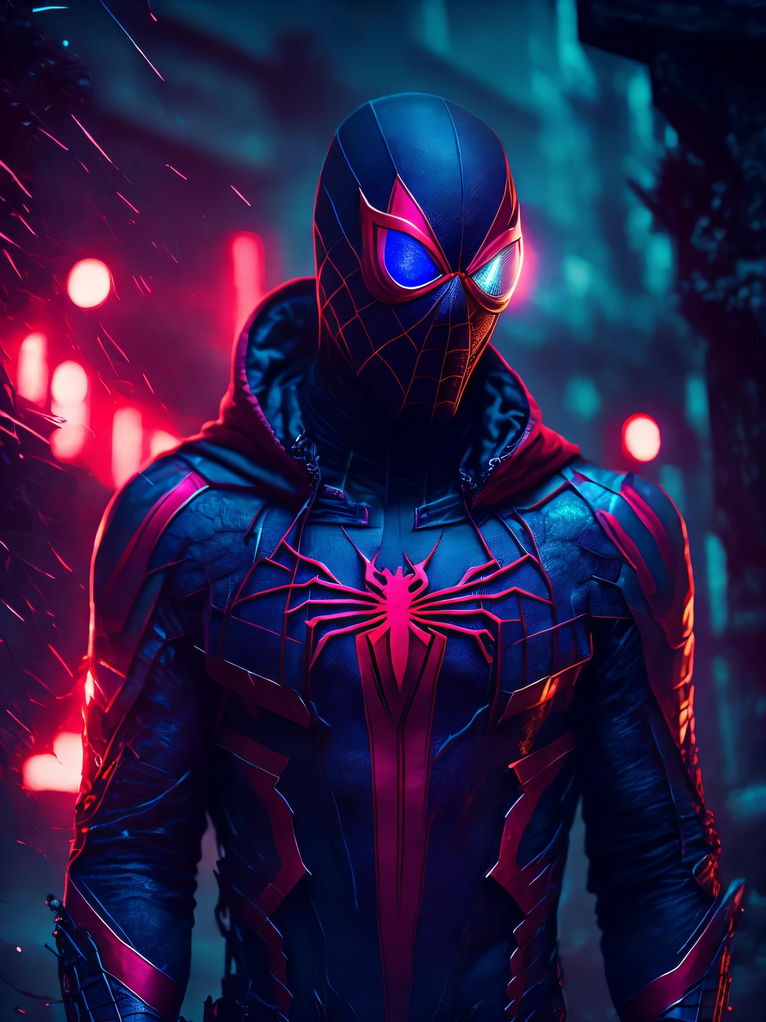 Grim portrait from Marvel dressed as Spiderman with ripped and dirty spiderman suit intricate angular cybernetic implants inside a brutalist building, gothic brutalist graveyard, cyberpunk, Foto premiada, Bokeh, Neon lights, cybernetic, fireworks in the background.